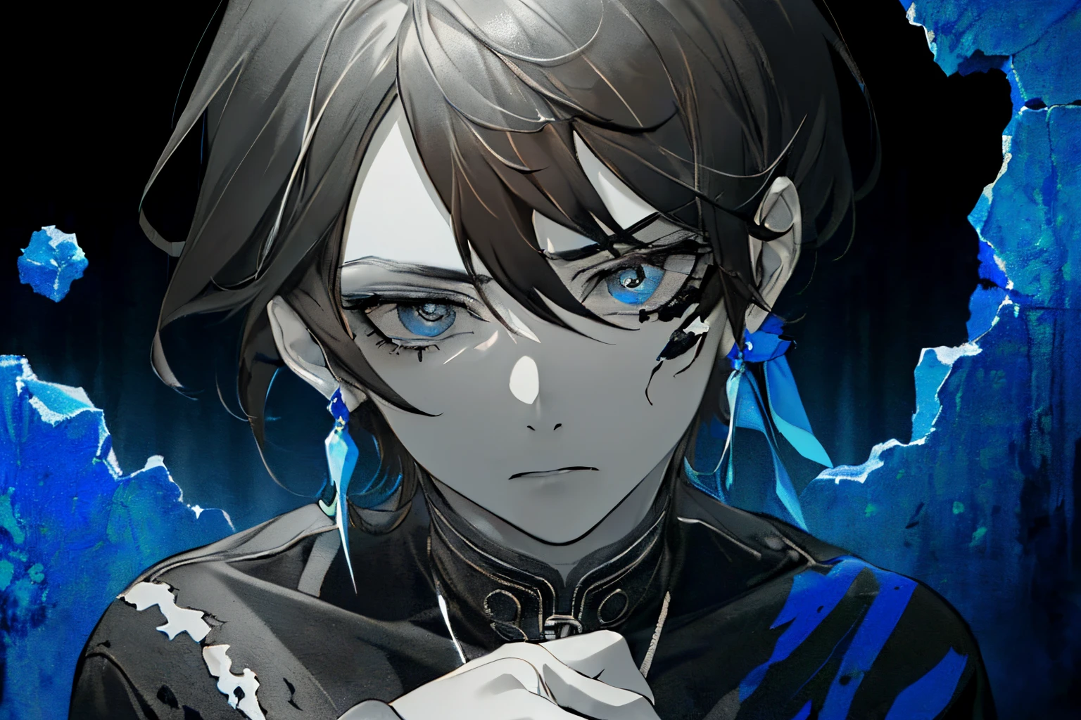 skinny guy 16 years old with shiny hair ,dark blue, short hair and long bangs. He has fair skin and sharp facial features. His eyes also have a blue tint. From his forehead grows a brilliant blue stone - sapphire.. 