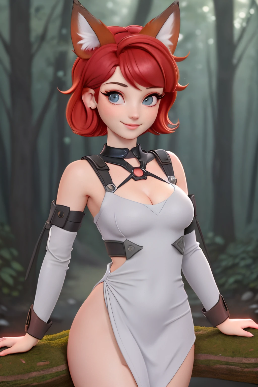 close up 1girl in, teenager, Solo, (undercut red hair: 1.28), ((light gray eyes)),  some small freckles, (dark fox ears:1.35), pale skin, medium breasts, cleavage, (thin hips, thin waist: 1.25), (arched back:1.12), detailed skin, mischievous face, shy smile, revealing clothes, (wearing simple dress, bracers:  1.1), looking at viewer, (groping chest: 1.34), (sexy pose: 1.22), (detailed magical forest background:1.1), creek, overlooking opening in forest, relaxing, 4k textures, soft light, elegant, highly detailed, sharp focus, soothing tones, insane details, intricate details, hyperdetailed, low contrast, exposure blend, hdr, faded