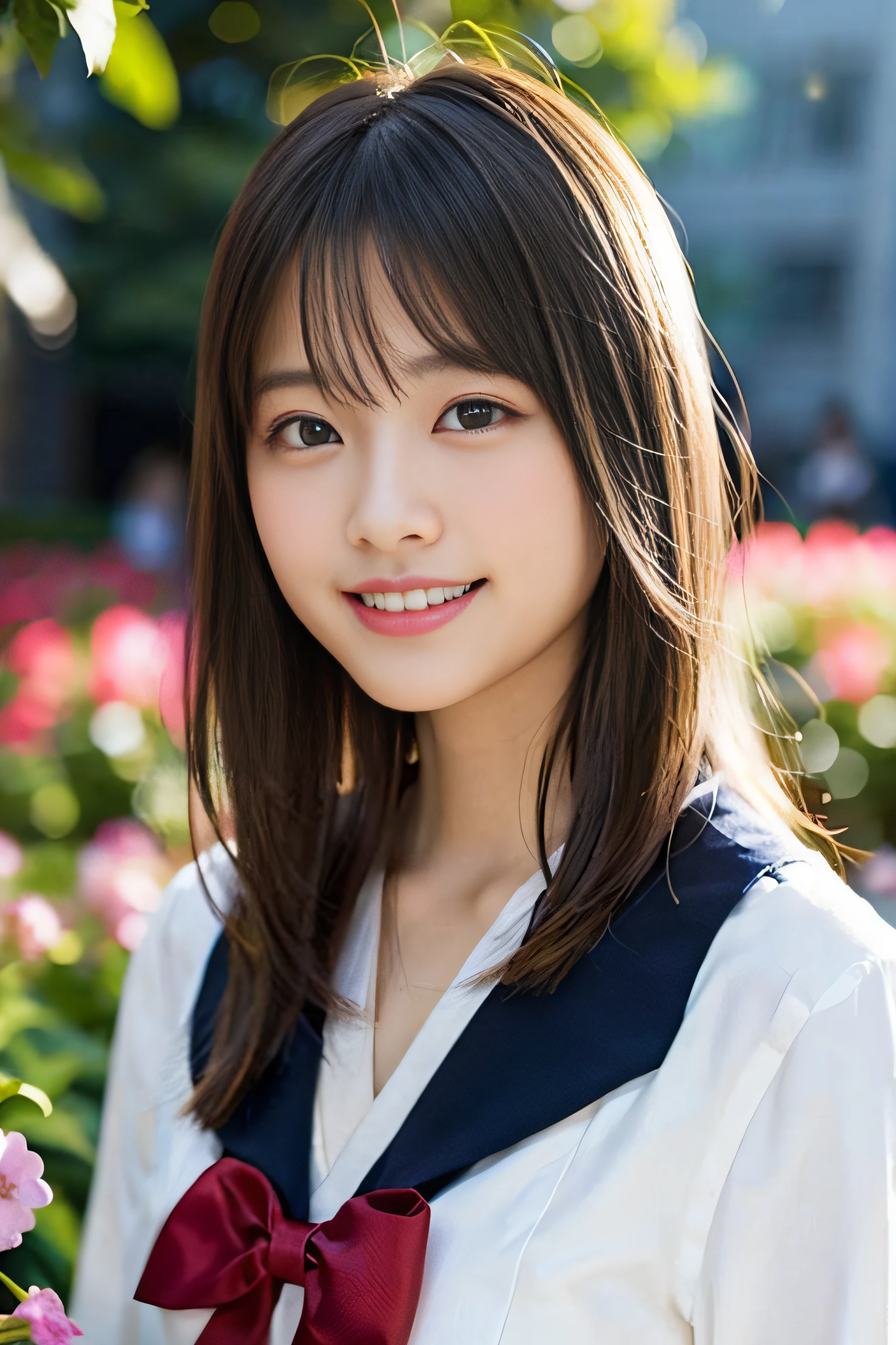 (8K、Raw photography、top-quality、​masterpiece:1.2)、(realisitic、Photorealsitic:1.37)、ultra-detailliert、超A high resolution、女の子1人、see the beholder、beautifull detailed face、A smile、Constriction、(Slim waist) :1.3)、Beautiful detailed skin、Skin Texture、Floating hair、Professional Lighting、Whole human body、Longhaire、a blond、japanese hight school uniform、a sailor suit、matriculation、、Bob Hair、E-cup、Happy smile、sixteen years old、Red ribbons、a baby face、Childish smile、Suppin、Moisturizing lips、Thin pink lips、flower  field