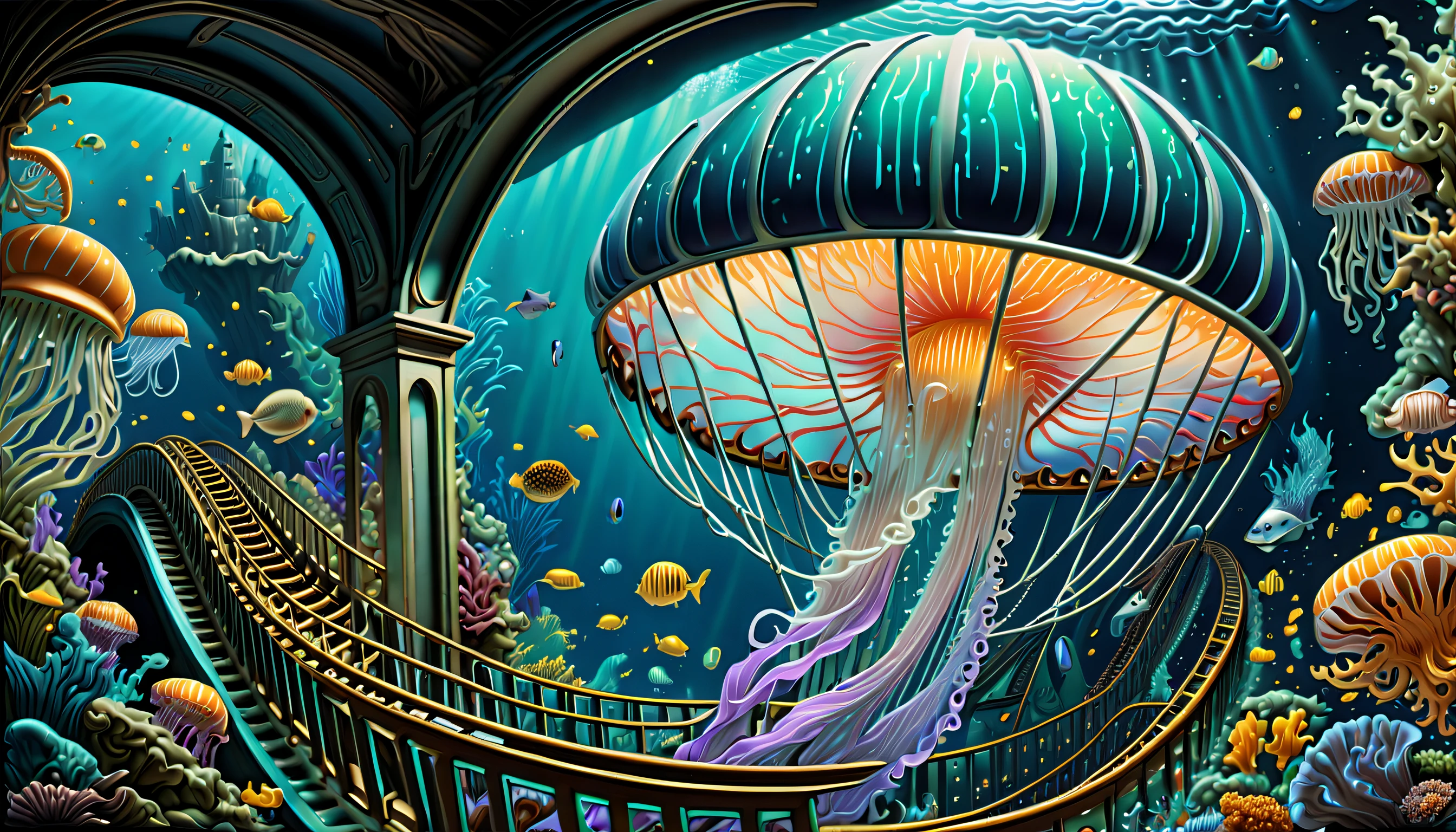 very detailed gouache painting, (((A deep-sea theme park and an aquarium with highly detailed gouache illustrations are integrated.:1.4))), (((Intricate details of a futuristic underwater roller coaster:1.4))), (((Witness the breathtaking sight of the devil's jellyfish glowing。:1.3))), Its fantastic brilliance is captured in amazing detail.、Brought to life with unparalleled skill and craftsmanship。. Intricate details and textures in silver and gold metallics, Adorable expression, (((A true masterpiece of the highest quality:1.4))), Cool and cute, enjoy sculpture, Showcasing the artist's skillful brushwork. The artist's skillful brushwork was demonstrated, Intricate details, complex brush strokes, insane handwriting, Fine brushstrokes, (((High quality with high transparency:1.3))), (((highest quality render:1.3))), (((Everything comes into sharp focus:1.3))), Images that exude an otherworldly aura, (((Great addition digital painting:1.3))), (((Radiosity rendered in astonishing 32K resolution:1.4))), Highest Quality, hightquality, Highest Quality Masterpiece, Visually appealing and appealing images, Best possible quality, Everything in focus is sharp, extravagant wishes, The contour lines created give off an amazingly beautiful shine., breathtakingly complex and elaborate, Imagine a visually striking illustration, (((Intricate details effortlessly blend fantasy and reality:1.5))),