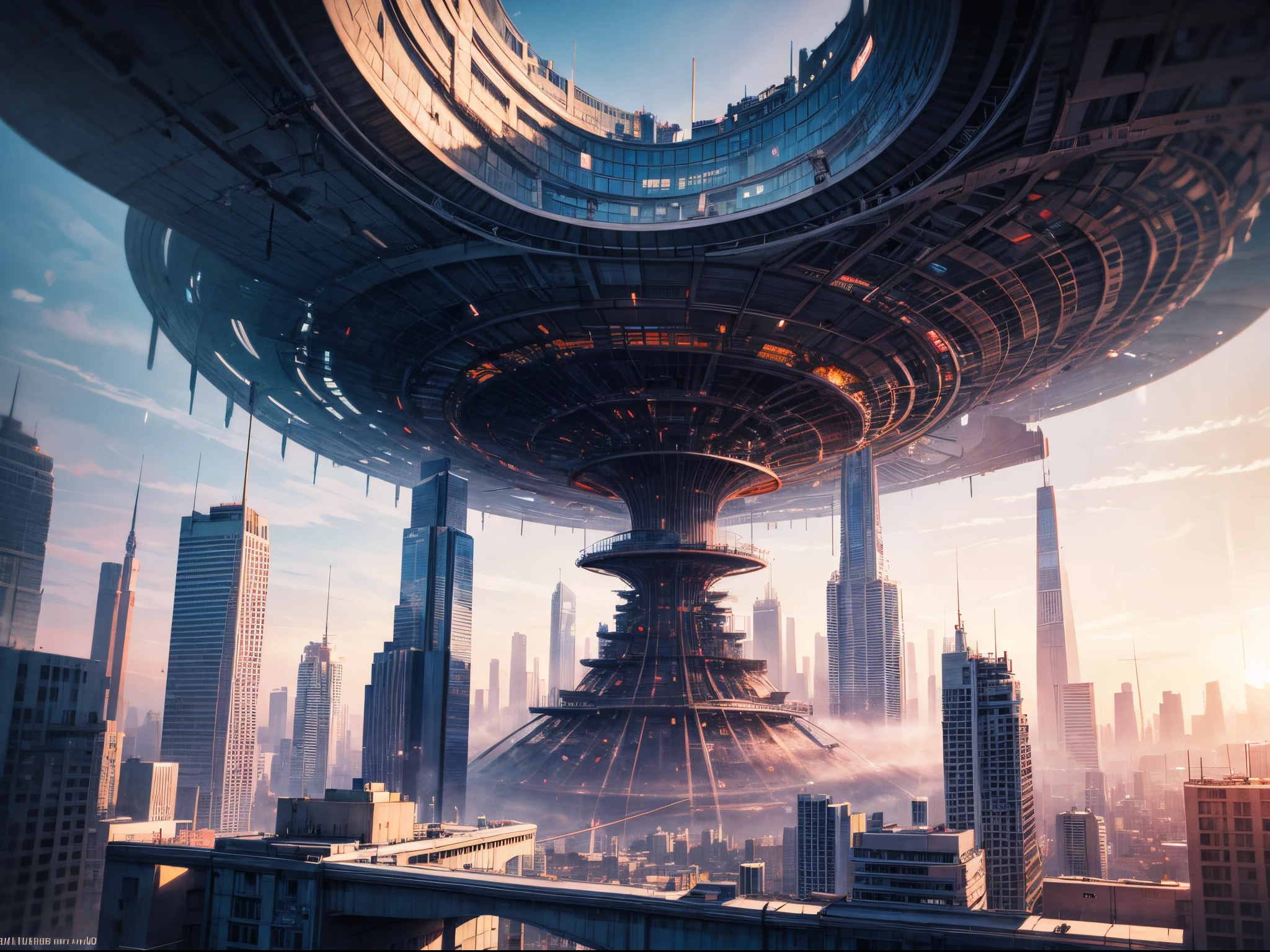 Futuristic cityscapes connected by intricate wormholes, illustrating the integration of advanced technology in a multiverse setting. enormous breast