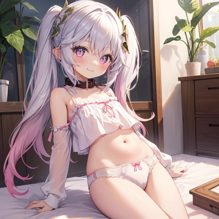 Best Quality, top-quality、(cute petit girl：1.3),Beautiful pink eyes、flat chest、Lori、（Cuteness beyond limits）、Shining thighs、((Cute smile))、tied up with a collar、Camisole-wearing、Show your belly button、Cute white panties
