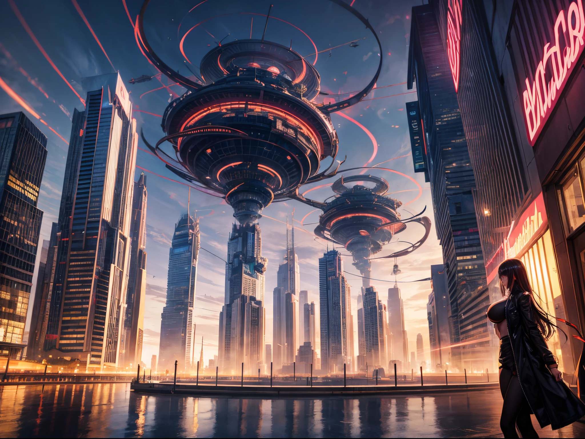 Futuristic cityscapes connected by intricate wormholes, illustrating the integration of advanced technology in a multiverse setting. enormous breast