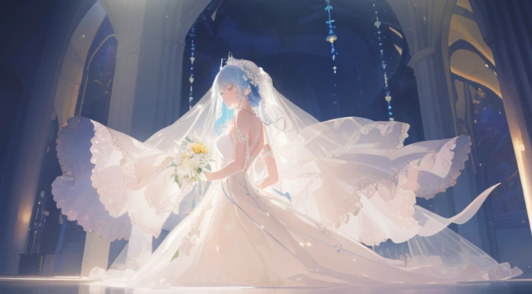 (top-quality、hight resolution、masterpiece)、There is a wedding dress with lights on the mannequin stand、A dream world where a beautiful woman wears that dress、((Fantastical))、 translucent dress, white royal dress, Elegant white dress, fantasy dress, Elegant dress, magical dress, romantic dress, fantasy dress with intricate decoration, white dress with luxurious embroidery, Wearing a beautiful white, lady dress with glowing flowers, ethereal and dreamy, dream style, White Dress, embroidery, Backlight、amazing splash、Luminous、