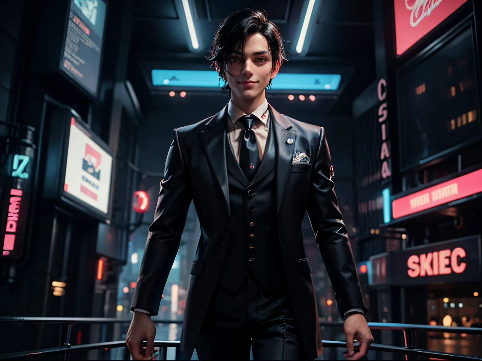 Gentleman with black hair smiling gently、Navy suit、Navy tie、Standing, fullllbody, Cyberpunk futuristic city with neon lights