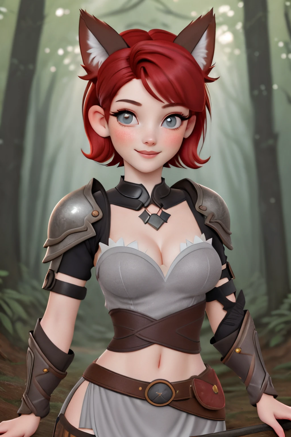 close up 1girl in, teenager, Solo, (undercut red hair: 1.28), ((light gray eyes)),  some small freckles, (dark fox ears:1.35), pale skin, medium breasts, cleavage, (thin hips, thin waist: 1.25), (arched back:1.12), detailed skin, mischievous face, shy smile, revealing clothes, (wearing Xena armor:  1.1), looking at viewer, (groping chest: 1.34), (sexy pose: 1.22), (detailed magical forest background:1.1), creek, overlooking opening in forest, relaxing, 4k textures, soft light, elegant, highly detailed, sharp focus, soothing tones, insane details, intricate details, hyperdetailed, low contrast, exposure blend, hdr, faded