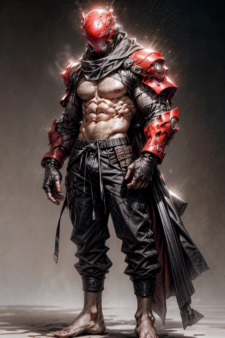 muscular man, science fiction helmet, science fiction shoulder armor, Panorama, a young male model, half ?????, bareleg, barefoot, shooting advertisement, black boxer pants, abs, poss, domineering look, standing, white background, spotlight, nipples, nipples