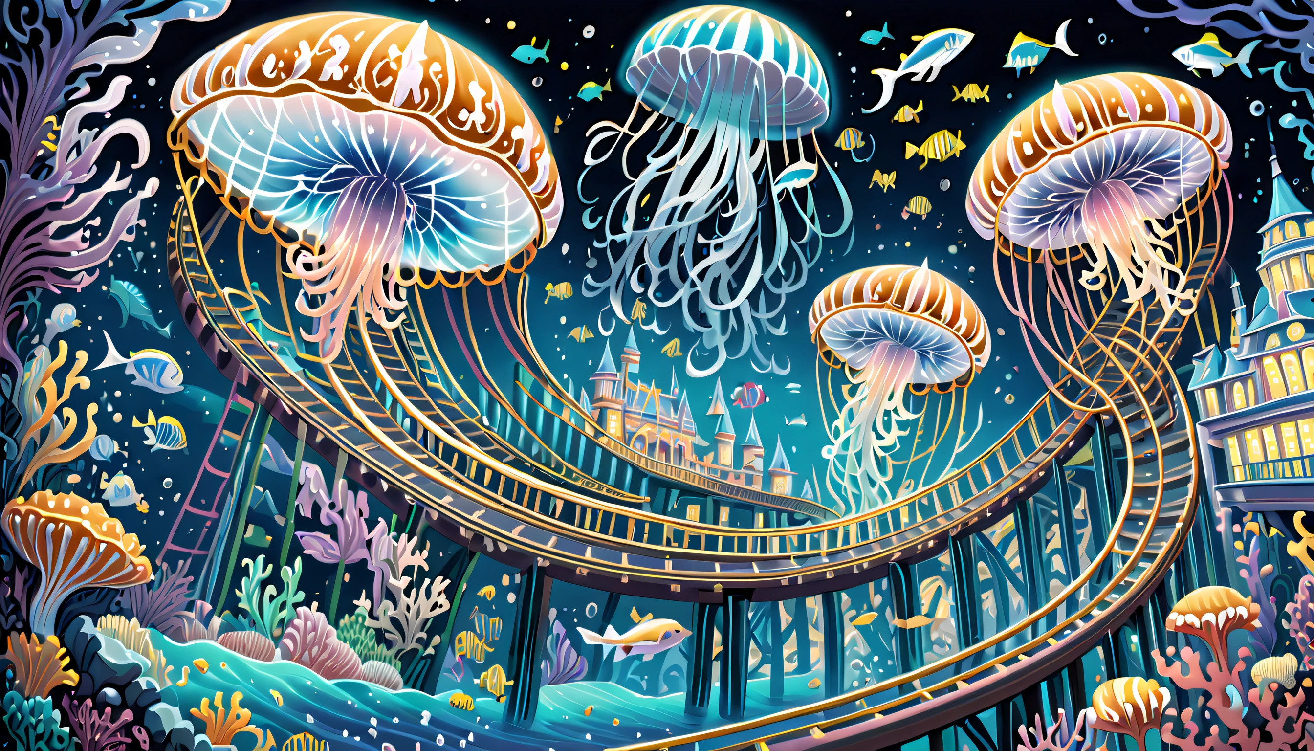 very detailed gouache painting, (((A deep-sea theme park and an aquarium with highly detailed gouache illustrations are integrated.:1.4))), (((Intricate details of a futuristic underwater roller coaster:1.4))), (((Witness the breathtaking sight of the devil's jellyfish glowing。:1.3))), Its fantastic brilliance is captured in amazing detail.、Brought to life with unparalleled skill and craftsmanship。. Intricate details and textures in silver and gold metallics, Adorable expression, (((A true masterpiece of the highest quality:1.4))), Cool and cute, enjoy sculpture, Showcasing the artist's skillful brushwork. The artist's skillful brushwork was demonstrated, Intricate details, complex brush strokes, insane handwriting, Fine brushstrokes, (((High quality with high transparency:1.3))), highest quality render, (((Everything comes into sharp focus:1.3))), Images that exude an otherworldly aura, (((Great addition digital painting:1.3))), (((Radiosity rendered in astonishing 32K resolution:1.3))), Highest Quality, hightquality, Highest Quality Masterpiece, Visually appealing and appealing images, Best possible quality, Everything in focus is sharp, extravagant wishes, The contour lines created give off an amazingly beautiful shine., breathtakingly complex and elaborate, Imagine a visually striking illustration, (((Intricate details effortlessly blend fantasy and reality:1.5))),