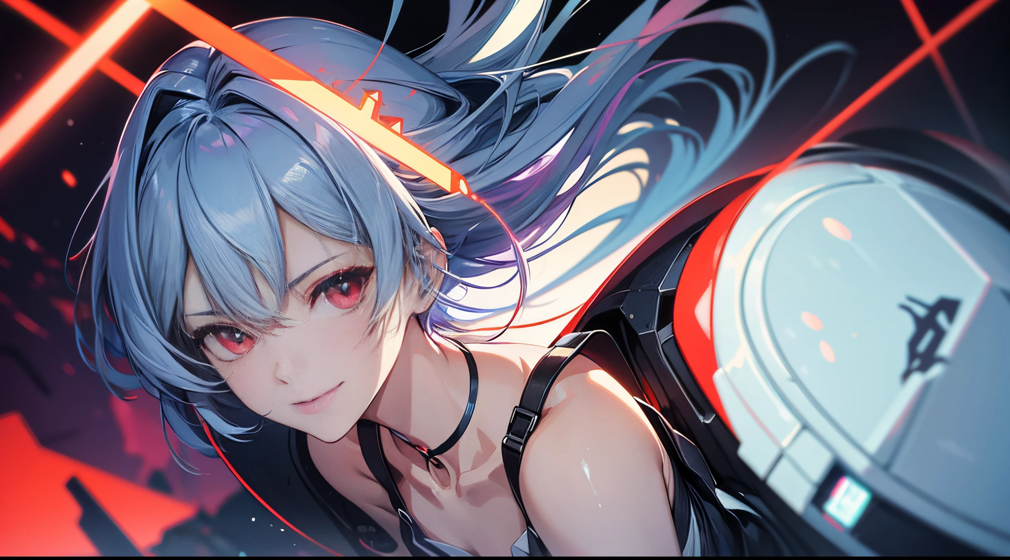 Evangelion cockpit,Masterpiece Portrait of Smiling Rei Ayanami (Shin Evangelion), Shin Evangelion (Hideaki), Caustics, high-resolution illustrations,14years, red eyes, Feminine, There are no students, Blue hair,  Short hair details, medium chest circumference,Japan School Uniform, Low cost, scare, synthetic wave, paint splatter, shaded flat illustration, number art, Hot topics on artstation, The content is very detailed, finely detailled, iintricate, splash, Transcendent, Automotive parts, neon colored,White under underwear,startup