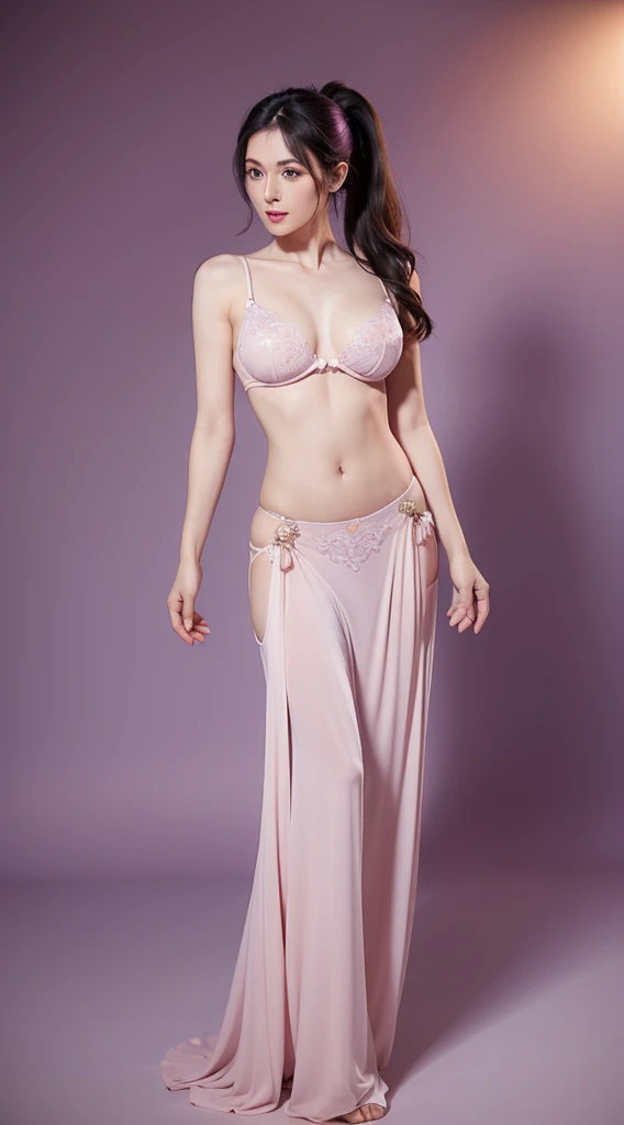 A beautiful woman standing, wearing purple colour belly dance bra, pale skin, smooth pale skin, skin tune pink, perfect body, detailed body, ((round big breast, small titts, big hips)), full body, cute face, black hair, ponytail hair, high quality