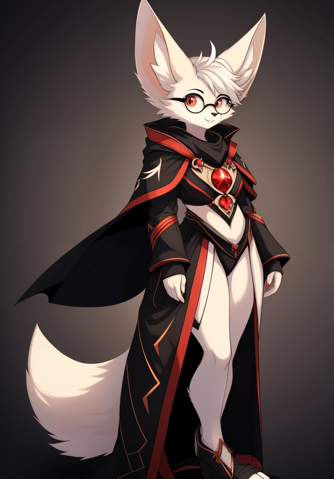 anthro, mommy female white fennec fox, solo, long white hair, red eyes, fangs, full body, one big tail, dark background. dark priest with balck and red cloack, third eye, round glasses, full body