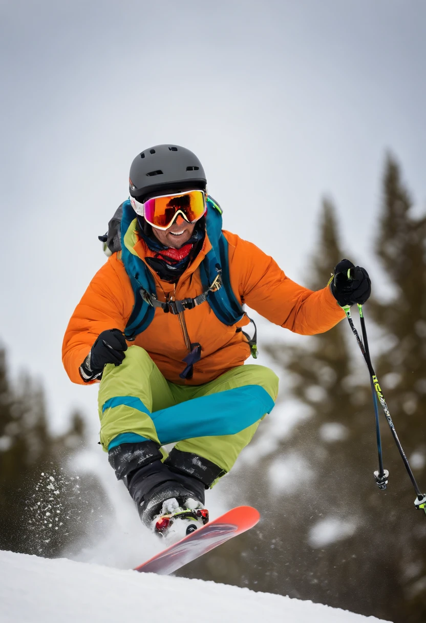 A boomerang video of the ski instructor effortlessly gliding through a mogul field, throwing up sprays of powder with each turn,original,a quintessential ski bum, lives and breathes the slopes of Jackson Hole, with his sun-bleached hair, weathered skin, and a perpetual grin beneath his mirrored goggles. His attire is a colorful mishmash of vintage ski gear, patched up from years of backcountry adventures, embodying his free-spirited and carefree approach to life. , male