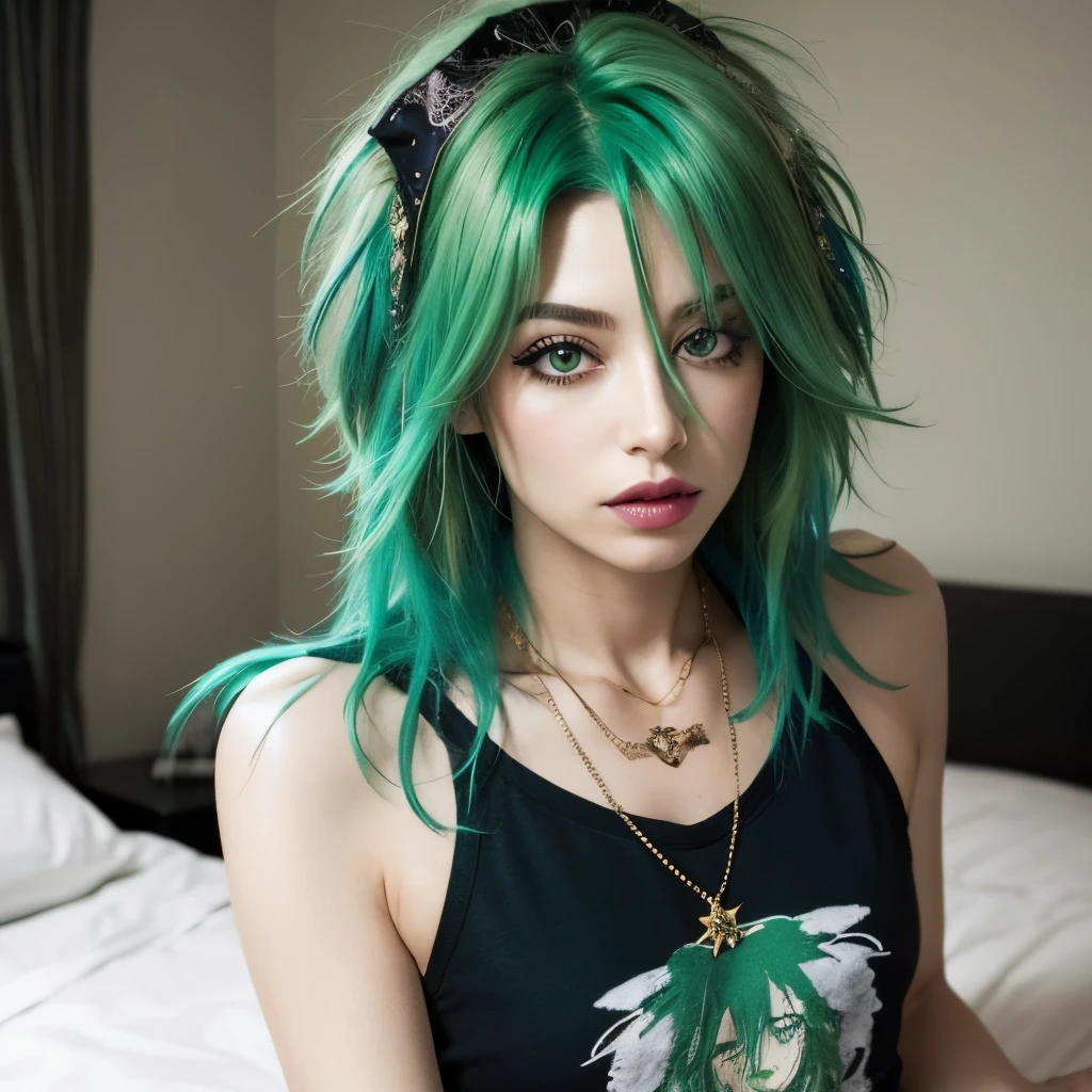 bedroom, messy hair, green hair, alternative, glam rock