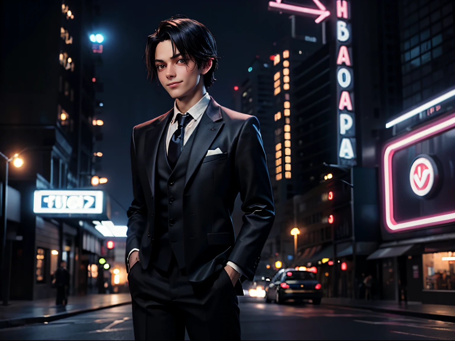 Gentleman with black hair smiling gently、Navy suit、Navy tie、Standing, fullllbody, Downtown Cyber City at night、Neon sign