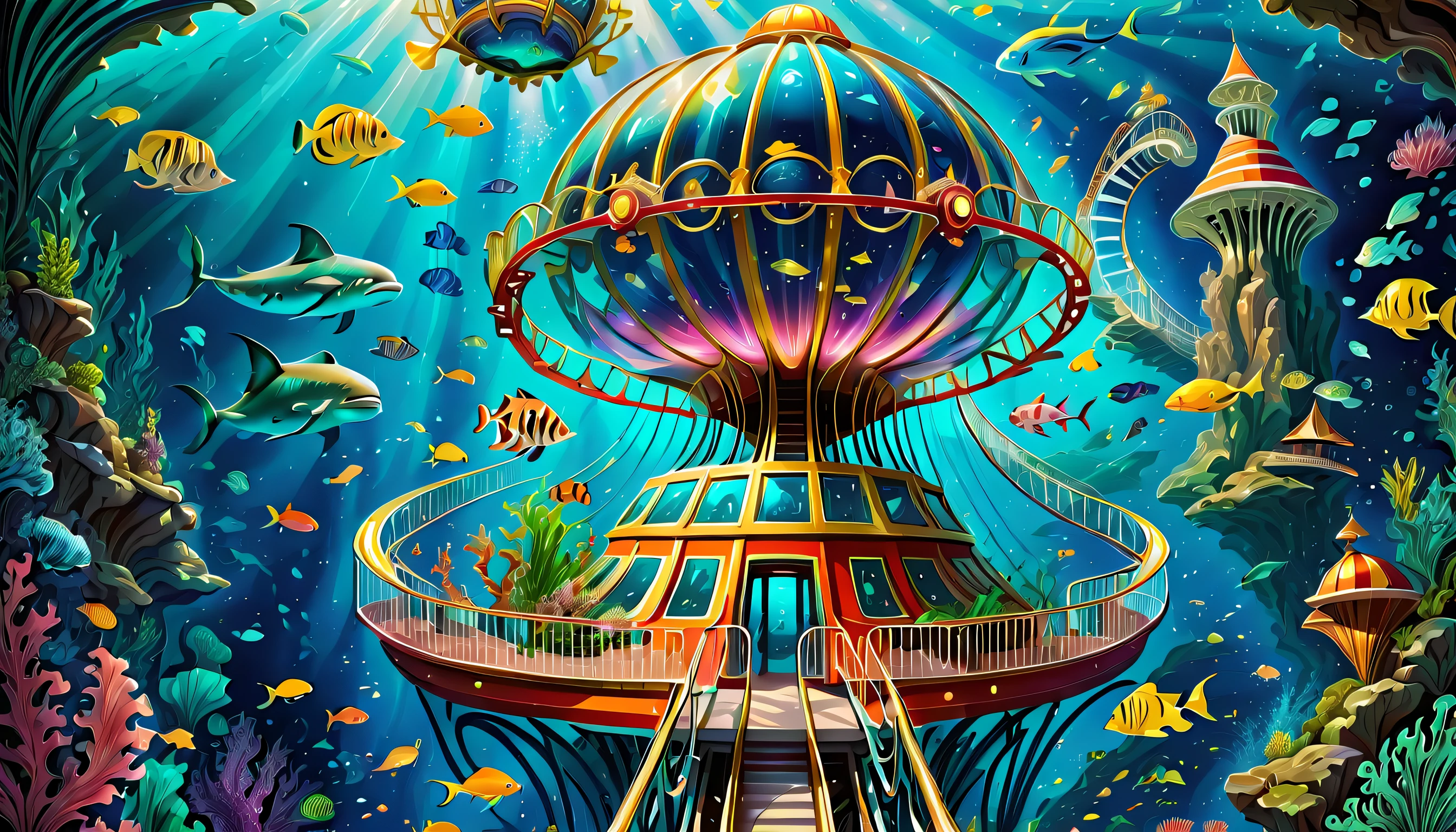 very detailed gouache painting, (((A theme park integrated with an aquarium with extremely detailed gouache illustrations:1.4))), (((Intricate details of a futuristic underwater roller coaster:1.4))), Behold the breathtaking sight of the evil jellyfish princess, Its fantastic brilliance is captured in amazing detail.、Brought to life with unparalleled skill and craftsmanship。. Intricate details and textures in silver and gold metallics, Adorable expression, A true masterpiece of the highest quality, Cool and cute, enjoy sculpture, Showcasing the artist&#39;s skillful brushwork. The artist&#39;s skillful brushwork was demonstrated, Intricate details, complex brush strokes, insane handwriting, Fine brushstrokes, (((High quality with high transparency:1.3))), highest quality render, (((Everything comes into sharp focus:1.3))), Images that exude an otherworldly aura, (((Great addition digital painting:1.3))), (((Radiosity rendered in astonishing 32K resolution:1.3))), Highest Quality, hightquality, Highest Quality Masterpiece, Visually appealing and appealing images, Best possible quality, Everything in focus is sharp, extravagant wishes, The contour lines created give off an amazingly beautiful shine., breathtakingly complex and elaborate, Imagine a visually striking illustration, (((Intricate details effortlessly blend fantasy and reality:1.5))),