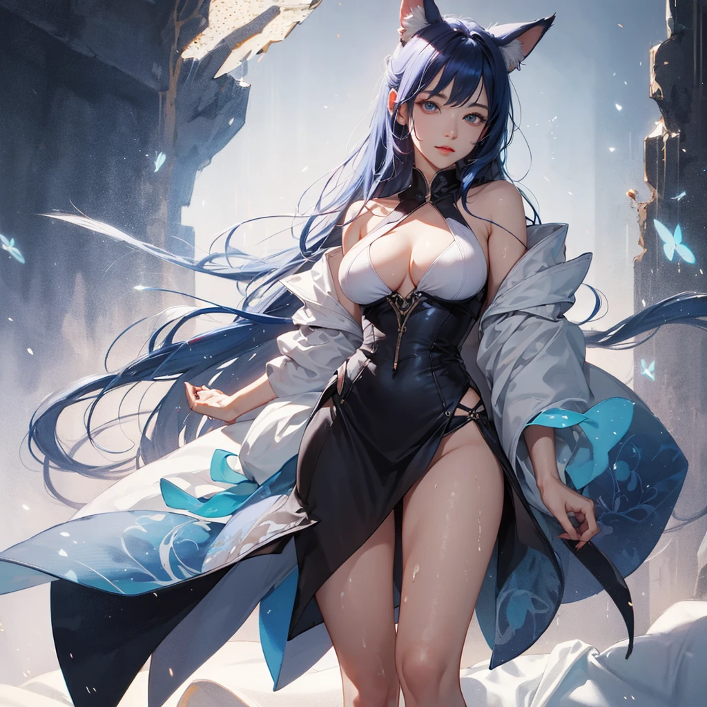 top-quality、4ｋ、１a person、The length of hair to the shoulders、Clothes with visible breasts、Fold your hands behind your back、big areolae、爆乳、Large valleys、Anime style、独奏、frontage、Focus、On the bed、Erotic images、large full breasts、Detailed pubic area、I'm not wearing underwear、Beautiful facial features、Eye-catching beauty、Semen-soaked body、Fox ears、fullnude、M-shaped legs