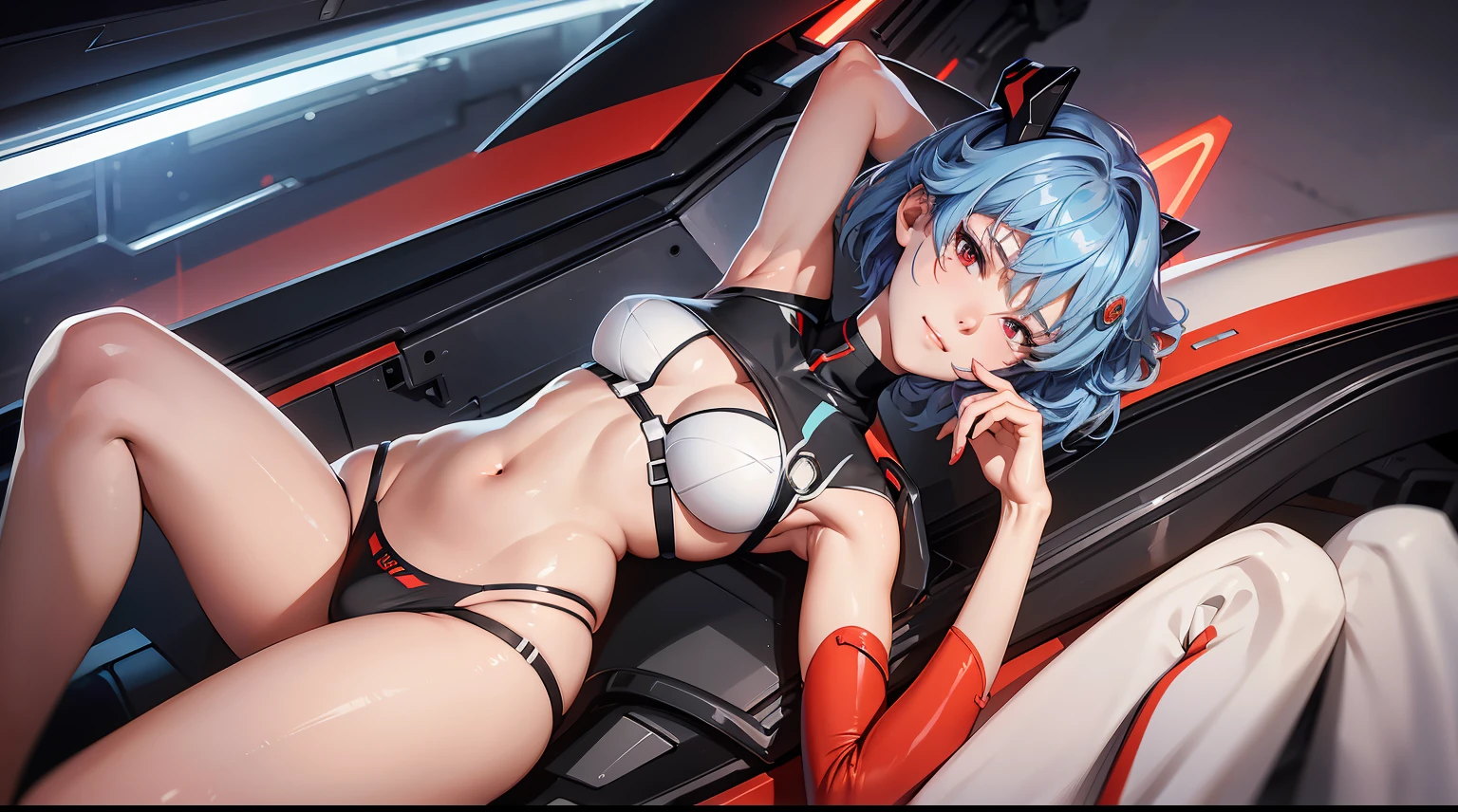 Evangelion cockpit,Masterpiece Portrait of Smiling Rei Ayanami (Shin Evangelion), Shin Evangelion (Hideaki), Caustics, high-resolution illustrations,14years, red eyes, Feminine, There are no students, Blue hair, Short hair details, medium chest circumference,Japan School Uniform, Low cost, scare, synthetic wave, paint splatter, shaded flat illustration, number art, Hot topics on artstation, The content is very detailed, Detailed pubic hair, iintricate, splash, Transcendent, Automotive parts, neon colored,White under underwear,startup