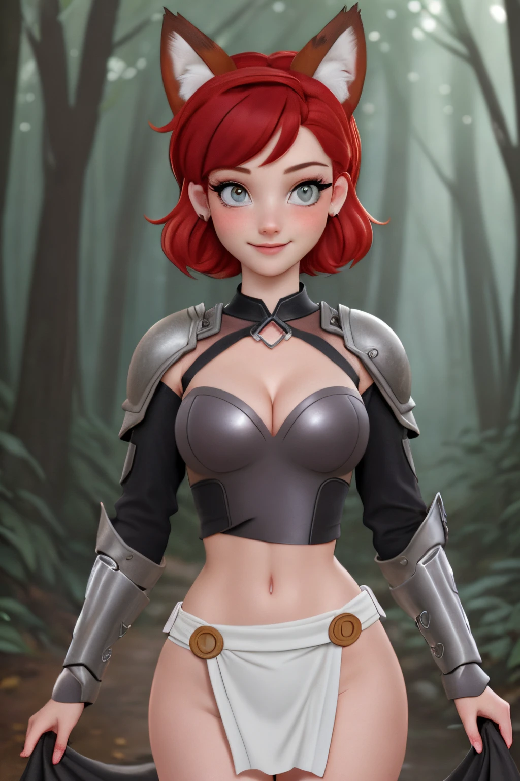 close up 1girl in, ager, Solo, (undercut red hair: 1.28), ((light gray eyes)), some small freckles, (dark fox ears:1.35), pale skin, medium breasts, cleavage, (thin hips, thin waist: 1.25), (arched back:1.12), detailed skin, mischievous face, shy smile, revealing clothes, (wearing Xena Warrior princess armor: 1.1), looking at viewer, (groping chest: 1.34), (sexy pose: 1.22), (detailed magical forest background:1.1), creek, overlooking opening in forest, relaxing, 4k textures, soft light, elegant, highly detailed, sharp focus, soothing tones, insane details, intricate details, hyperdetailed, low contrast, exposure blend, hdr, faded