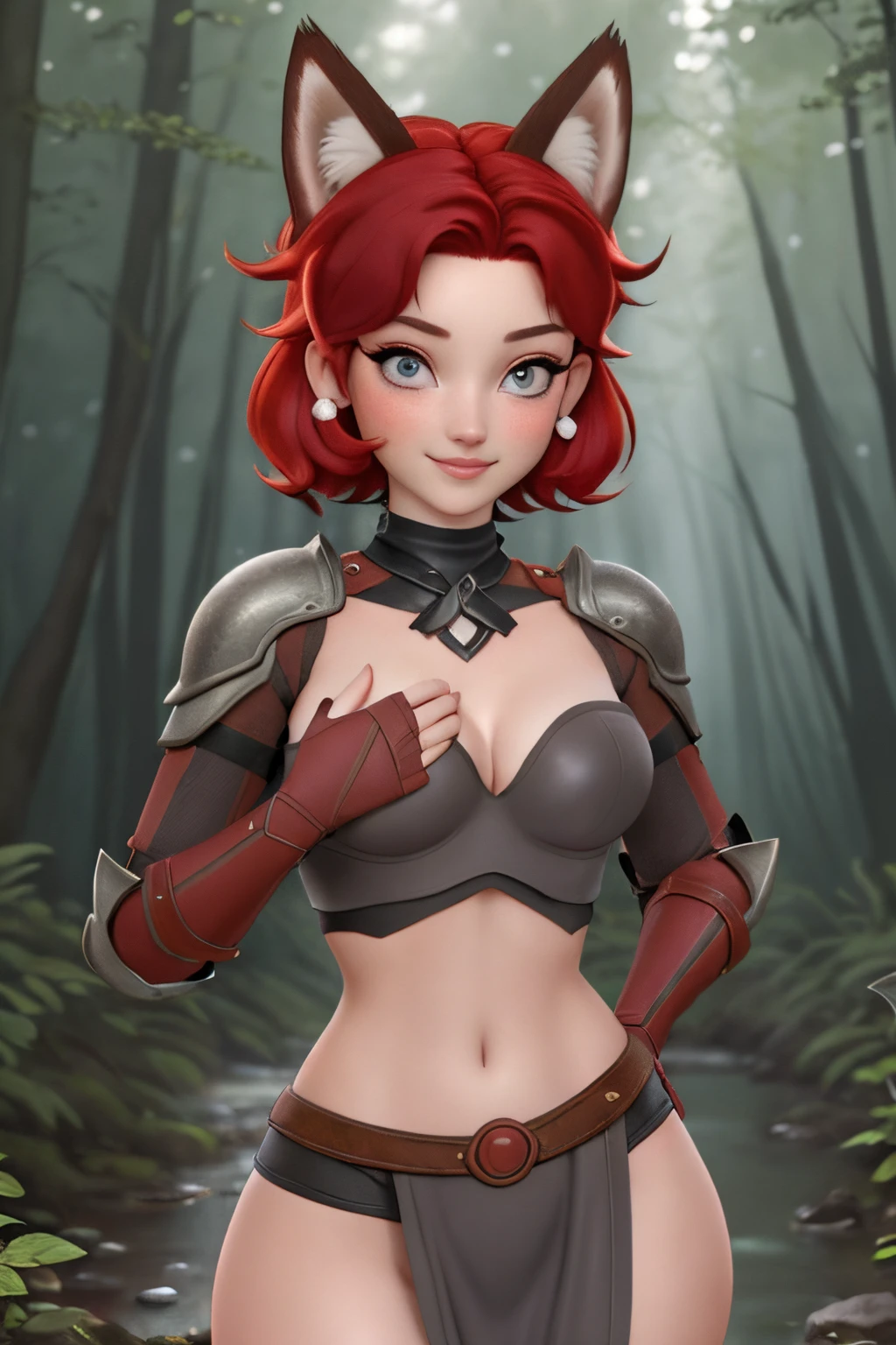 close up 1girl in, ager, Solo, (undercut red hair: 1.28), ((light gray eyes)), some small freckles, (dark fox ears:1.35), pale skin, medium breasts, cleavage, (thin hips, thin waist: 1.25), (arched back:1.12), detailed skin, mischievous face, shy smile, revealing clothes, (wearing Xena Warrior princess armor: 1.1), looking at viewer, (groping chest: 1.34), (sexy pose: 1.22), (detailed magical forest background:1.1), creek, overlooking opening in forest, relaxing, 4k textures, soft light, elegant, highly detailed, sharp focus, soothing tones, insane details, intricate details, hyperdetailed, low contrast, exposure blend, hdr, faded