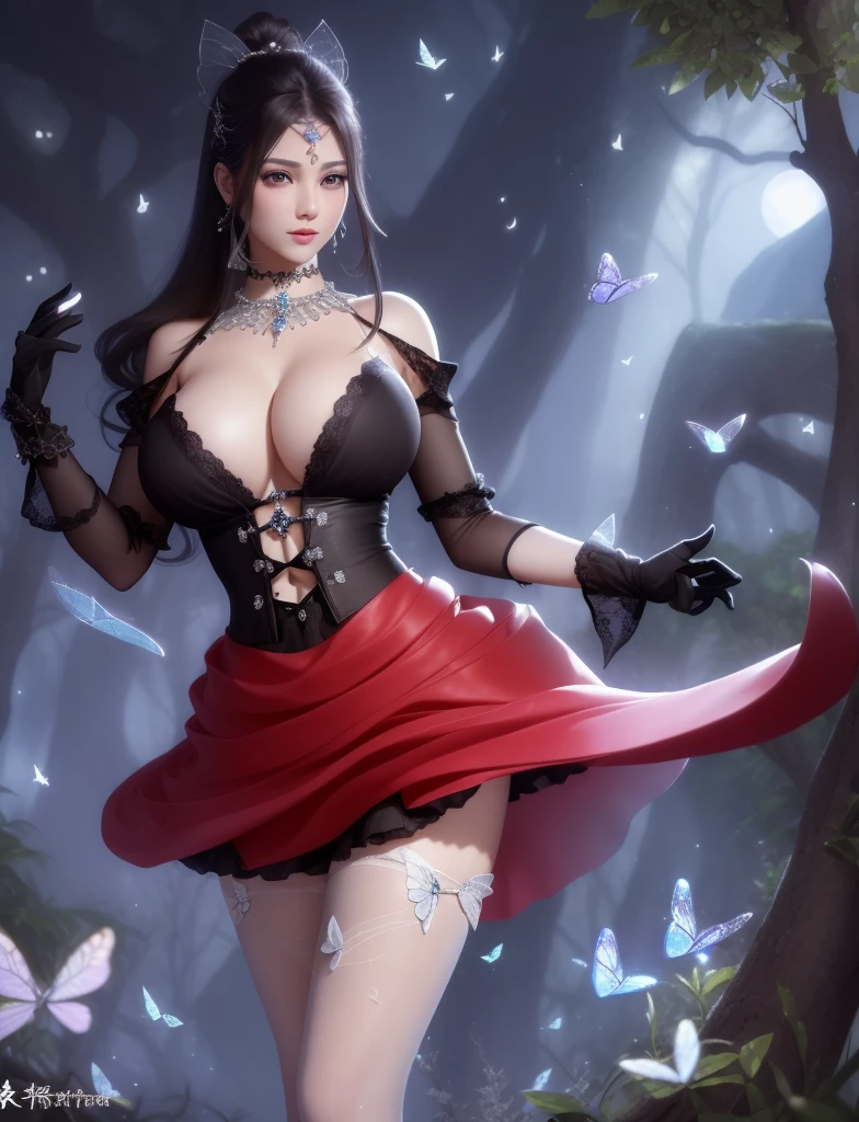 Ultra-realistic 8k CG, picture-perfect face, flawless perfection, Clean, tmasterpiece, professionalartwork, famousartwork, 电影灯光, cinematicbloom, s the perfect face, pretty face, fanciful, It's like a dream, unreality, scientific fiction, gigantic cleavage breasts, Beautiful outfit, Lace, Lace edges, Lace-trimmed tights, (Rich:1.4), reputation, Luxury, jewely, diamond, kinako, pearls, Pedras preciosas, sapphires, Red Jewel, Cui, Complicated details, delicate patterns, big breasts enchanting, Tempting, Tempting, pornographic, enchanting, hair adornments, choker necklace, 耳Nipple Ring, bangle, armlets,The halo
((,1个Giant Breast Girl, Perspectives,)) (((blue_butterflys, leak, butterflys, butterflys_Show on the_mano, glowing_butterflys, The white_butterflys, Yellow_butterflys, butterflys_the hair_decorations, 1个Giant Breast Girl, butterflys_wings, The bird, cawing ravens, critters, mitts, Youn, The tree, , dragonfly, Artis_name, a skirt, Alone, themoon, Black_the hair, Bare bare_The tree, )))