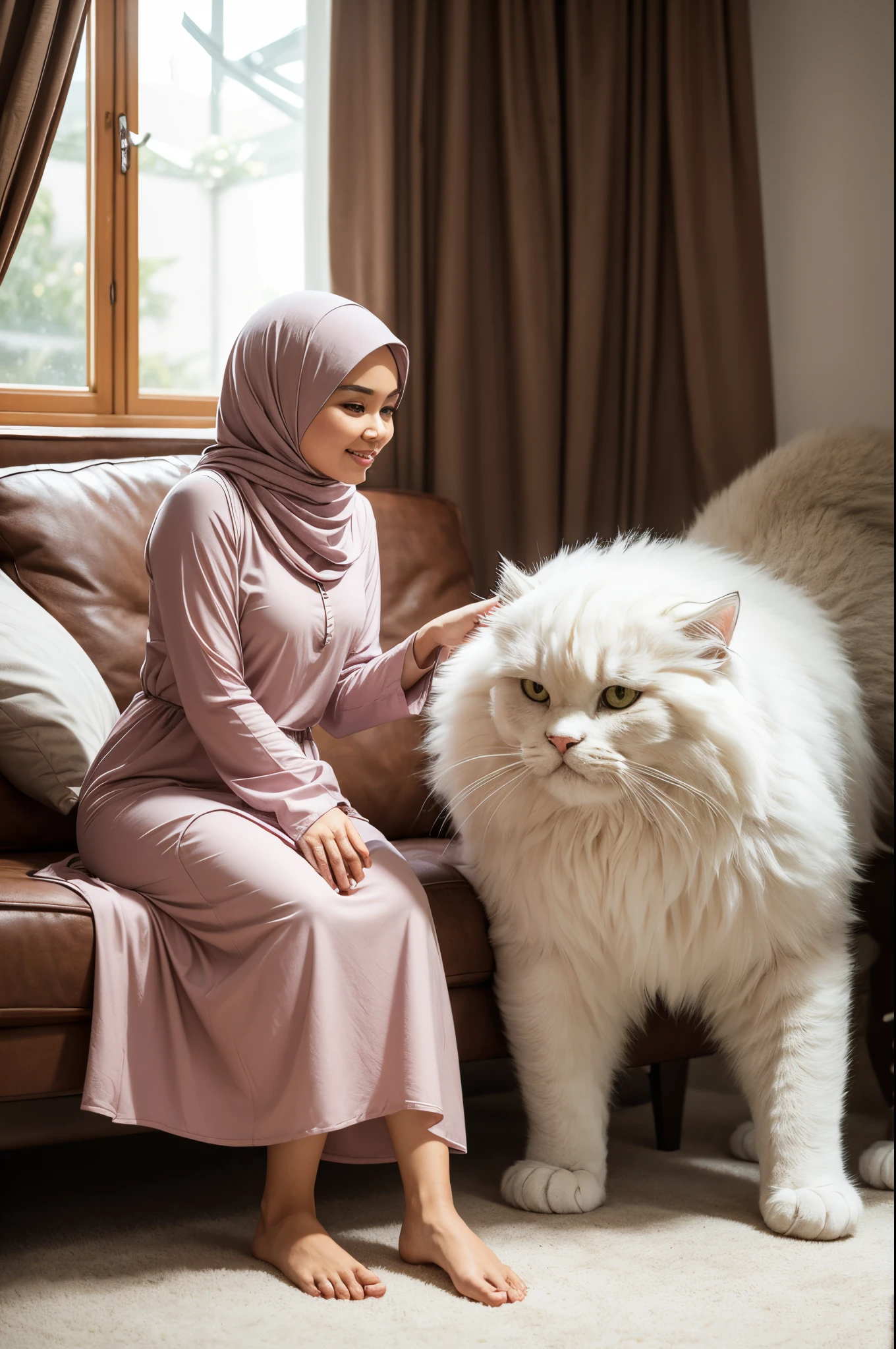 Design a heartwarming scene as the young Malay woman in pastel color hijab interacts with her beloved ((very big cat pet)),(( very big fluffy white persian cat)), very cute Malay woman with beautiful small petite body, wear modest baju kurung, , small petite body, beer belly, small waist, slim, wide hips, thick thighs, showcasing the bond between them in a cozy home setting, bright lighting, happy, 8k, high quality, ray lighting,