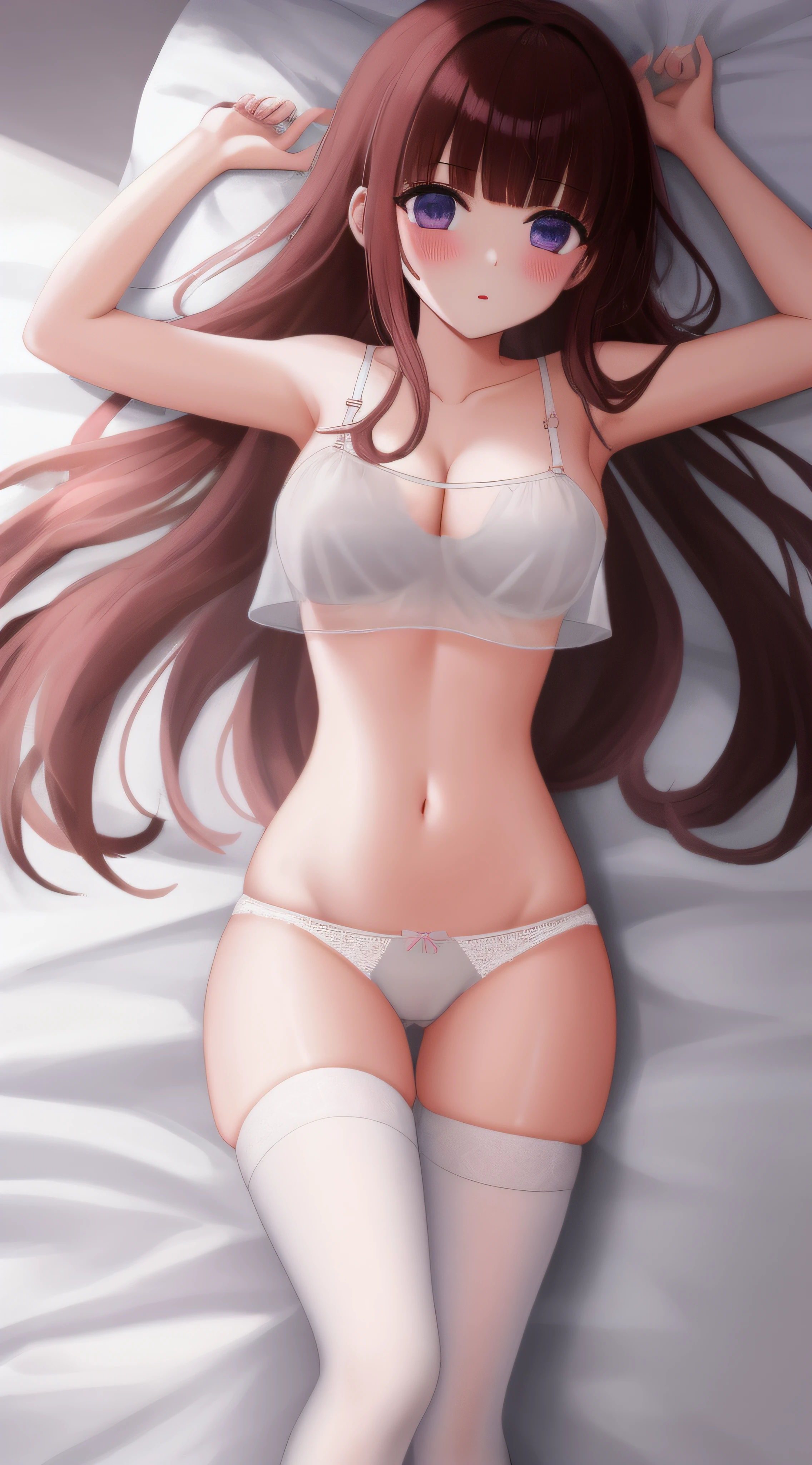 1个Giant Breast Girl, tmasterpiece,underdressing, Brown hair, upper legs, Transparent black_pantiess,On your stomach, long_the hair, nedium breasts, White transparent pajamas,Sheer pajamas,Open your pajamas,naked belly,Show on the_standing back, inside bedroom, Hindquarters, By bangs, Chopping, Be red in the face,Lie down in bed,White stockings,pantiess,White stockings,Full body lesbian, 鎖骨,leg loops,hair pin,