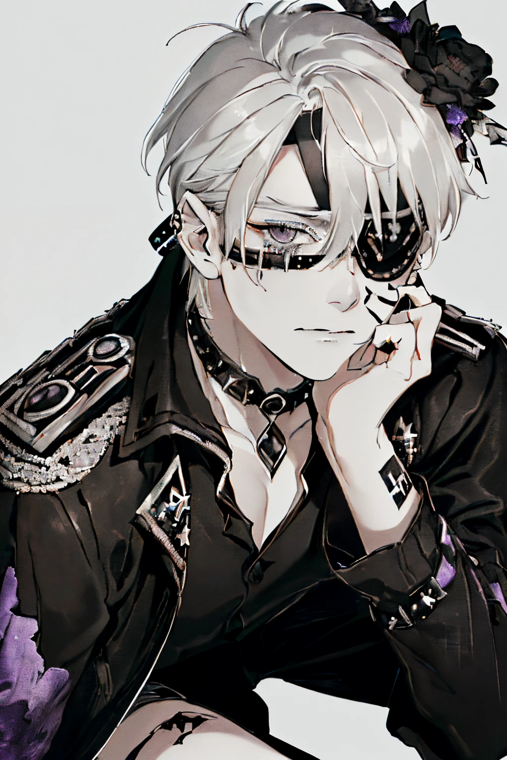 ((A ruined city full of rubble)),(After the war),((Vast landscape full of rubble)),(boy wearing tattered clothes),((Soot-stained hair mixed with silver and black)),(Lifeless eyes),((sit on the ground holding both knees)),((Look up at me like you're glaring at me)),(deadpan),((Dark and cloudy amethyst eyes)),((Monochrome world)),((black and gray and white and brown)),((close up of face)),((Eyepatch studded with fine jewels)),((Eyepatch on left eye))