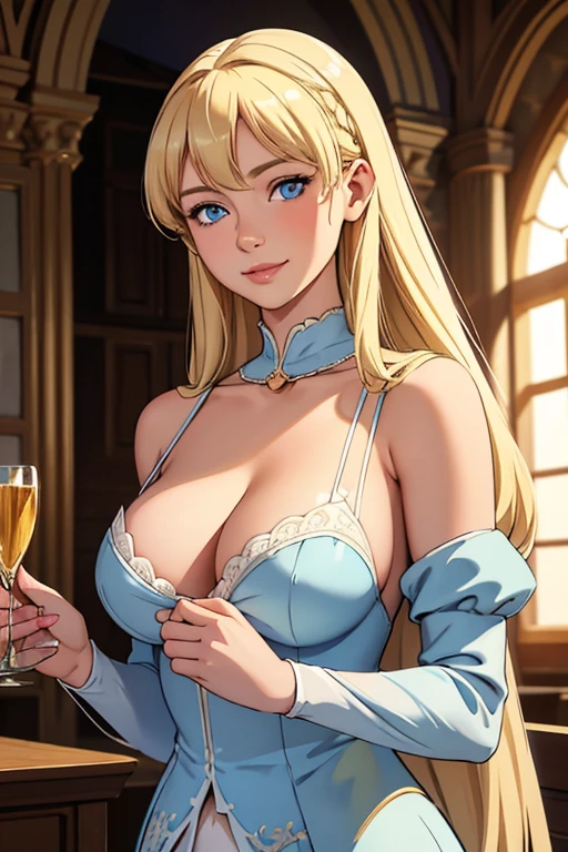 high res, 1girl, elegant medieval wife, long hair, light blonde hair, parted bang, light blue eyes, wide shoulder, inside castle, big breast, cleavage, a housewife, seductive smile, portraits, soft lighting, vibrant colors