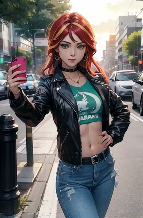 Chica con ropa de motociclista , sexy Tiro superior,((Selfie)), ojos color verde , cabello largo, fondo aleatorio, besar, Beautiful, senos grandes ,pechos grandes , mirada coqueta, ((muy detallado)), (Cara perfectamente detallada), (Mano bien detallada), Imagen fotorrealista ,hermosa chica , 19 year old , blusa color turquesa escotada , small black jacket , pantalon de mezclilla , botas largas con tacon , maquillaje , labios rojos , Sunset Shimmer , mlp