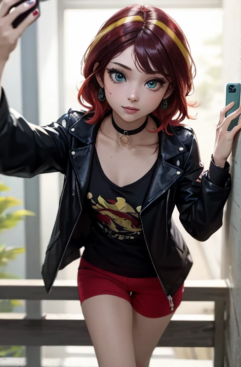 Chica con ropa de motociclista , sexy Tiro superior,((Selfie)), ojos color verde , cabello largo, fondo aleatorio, besar, Beautiful, senos grandes ,pechos grandes , mirada coqueta, ((muy detallado)), (Cara perfectamente detallada), (Mano bien detallada), Imagen fotorrealista ,hermosa chica , 19 year old , blusa color turquesa escotada , small black jacket , pantalon de mezclilla , botas largas con tacon , maquillaje , labios rojos , Sunset Shimmer , mlp