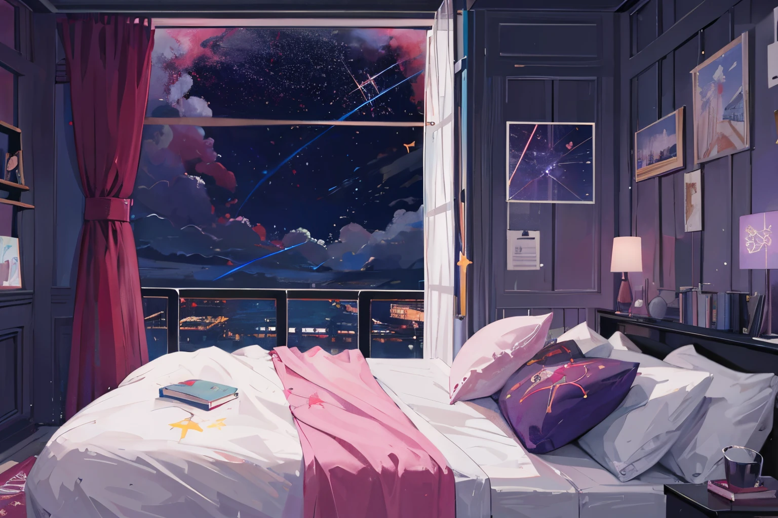habitacion anime, cortinas de ambos lados, en lugar de ventana, una pared morada, con detalles de estrella, infantil, grandes cortinas moradas, rojo fuscia, con volantes, habitacion de nina, pared con estrellas