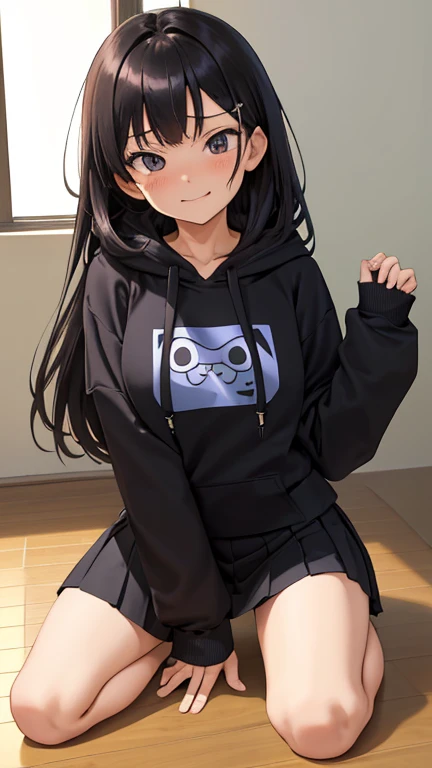 (masutepiece, Best Quality:1.2), (Looking at Viewer), (Wavy Hair:0.8),
1girl in, (Upper body:0.85), (Black theme:1.2), {Indoors|Outdoors}, Dark eyes, Dark hair, 
{Medium Hair}, Larger hoodie, (tight miniskirt:1.2),
({Happy face|peaceful face|Shy face|Curious face}),（Kneeling Pose）（pull up the hoodie yourself）（hoodie visible underwear）（red blush）（expression of lust）