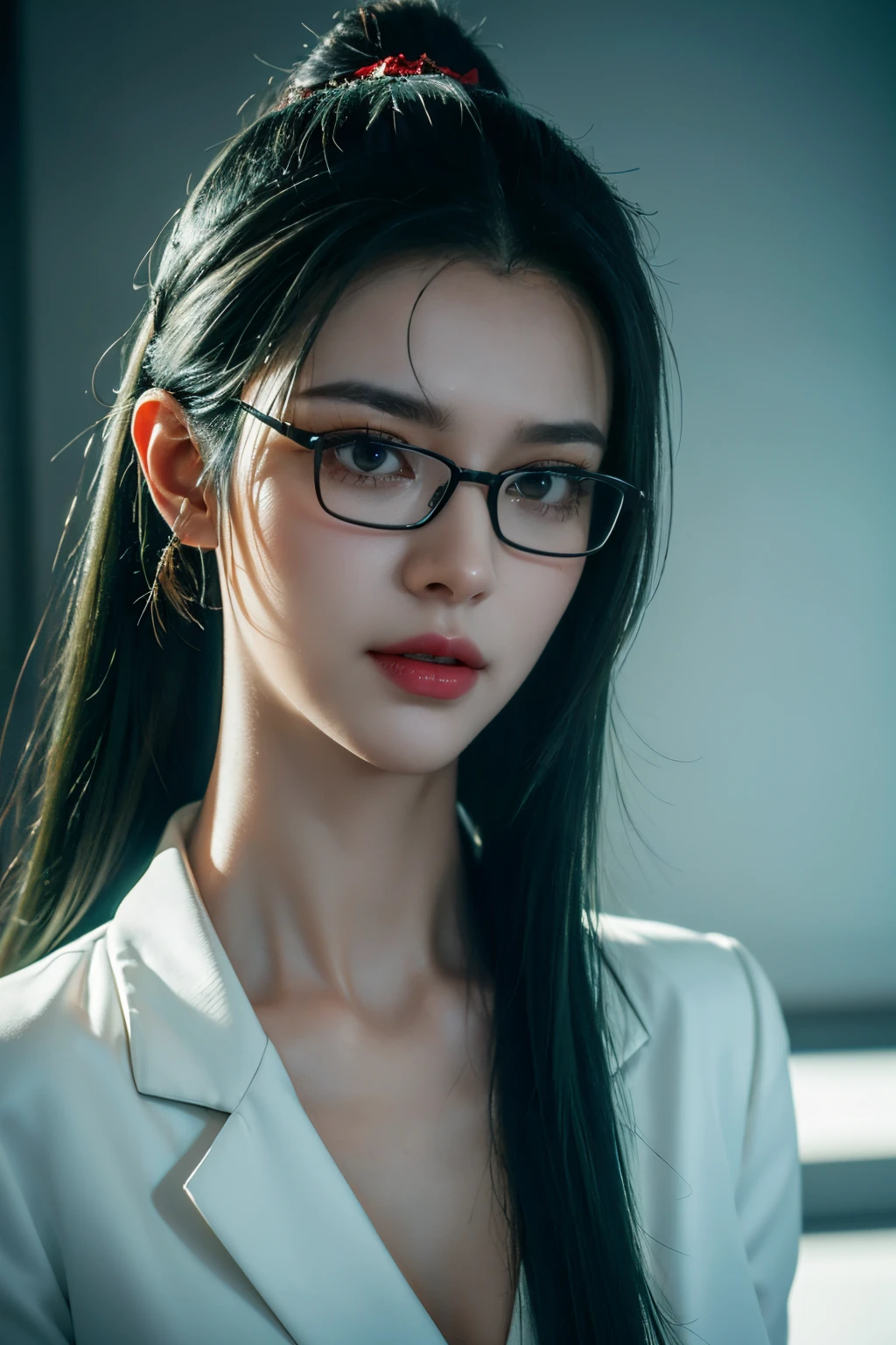 tmasterpiece,Best quality at best,A high resolution,8K,(portrait),(Close up of avatar),(RAW photogr),real photograph,digital photography,cyberpunk scientist,20岁女孩,Long ponytail hair,Forehead bangs,(Dark green hair),Red eyes,(Black framed glasses),A plump chest,cleavage,Elegant and serious,Dressed in a white coat,clean clothes,Keep your mouth shut,Redlip,Brave and charming,The scholar,Photo pose,Sci-fi style laboratory,White room,oc render reflection texture