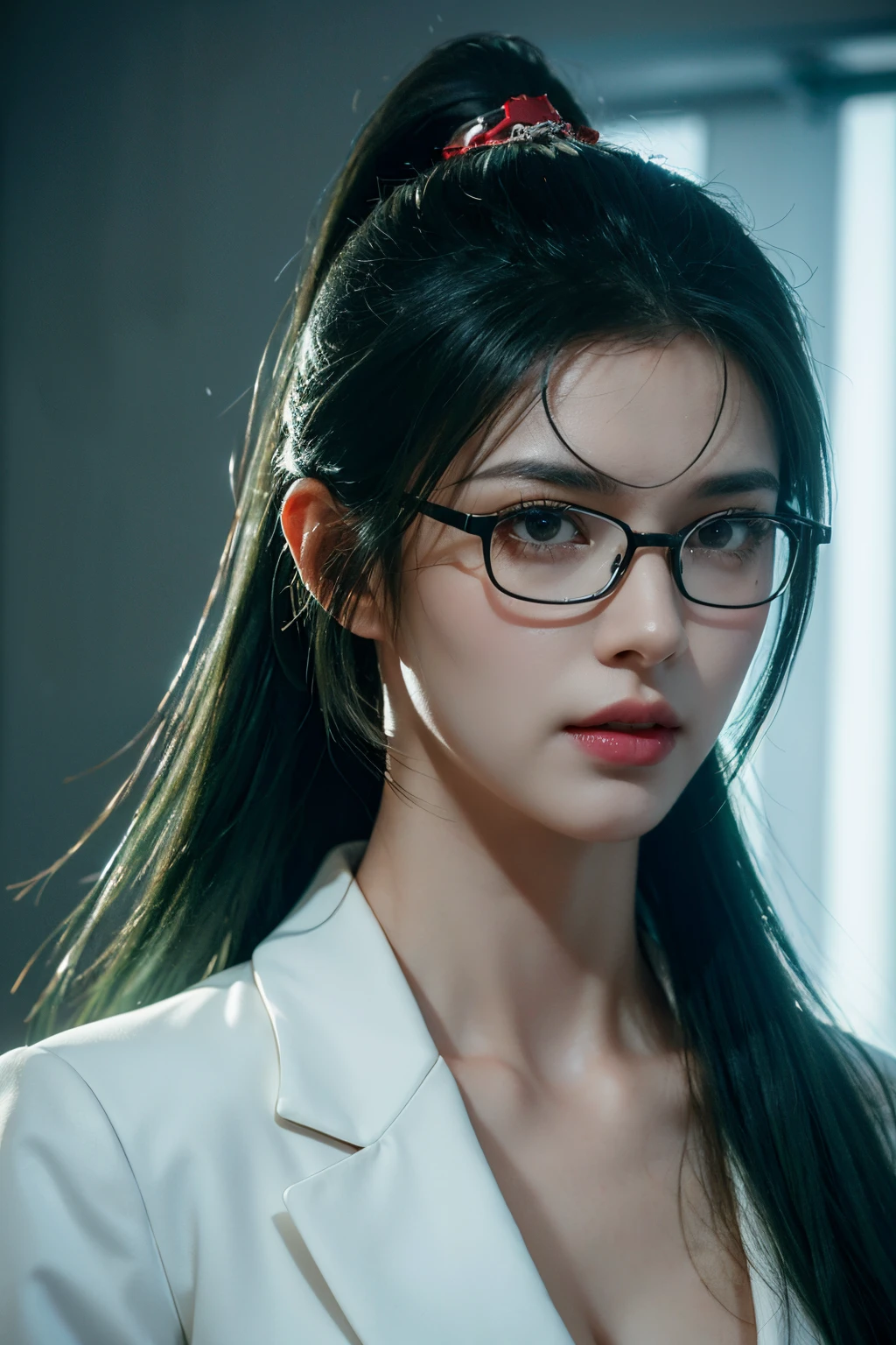 tmasterpiece,Best quality at best,A high resolution,8K,(portrait),(Close up of avatar),(RAW photogr),real photograph,digital photography,cyberpunk scientist,20岁女孩,Long ponytail hair,Forehead bangs,(Dark green hair),Red eyes,(Black framed glasses),A plump chest,cleavage,Elegant and serious,Dressed in a white coat,clean clothes,Keep your mouth shut,Redlip,Brave and charming,The scholar,Photo pose,Sci-fi style laboratory,White room,oc render reflection texture