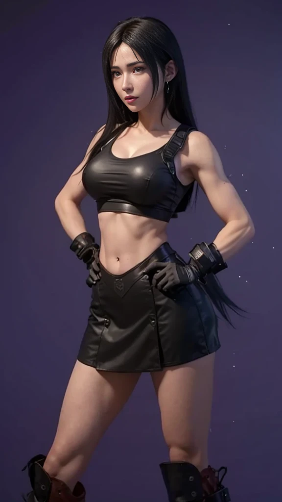 (best quality,ultra-detalhado),(Realistic:1.37),Tifa Lockhart, Rosto bonito e detalhado, maquiagem preta nos olhos, expression serious, textura ultra realista, rosto delicado, corpo delicado, Fit physique, usando batom e brilho labial