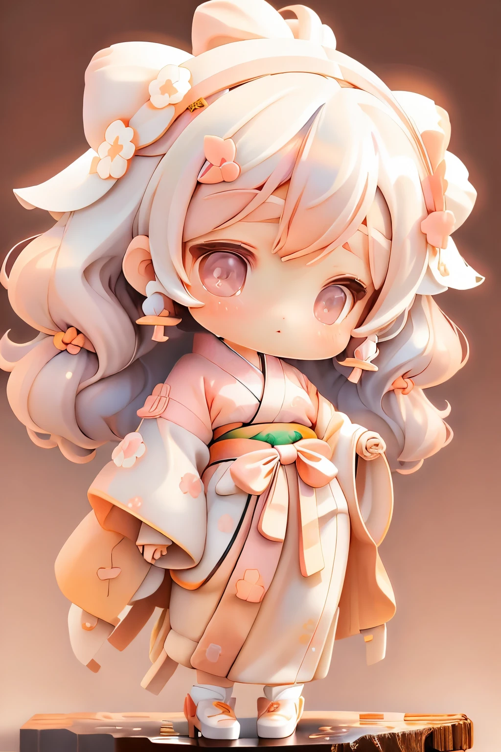 girl with, Chibi、amber, , Medium pastel wine white, luxury fabrics, dithering, Far-reaching,viewer lucky brown,Kimono Dresses、、There are no ears on the head.There are no ears.