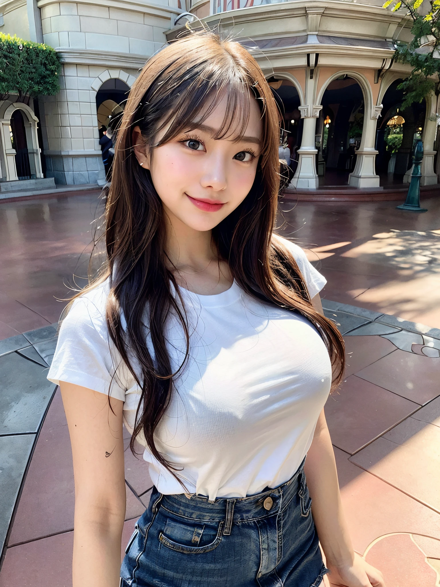8K,Best Quality, masutepiece, ultra-detailliert, 超A high resolution, Photorealistic, Raw photo, absurderes, absolutely resolution, 1girl in, Solo,Upper body, (Looking at Viewer:1.3),a Japanese young pretty girl,hyper cute face, Glamorous figure, Large breasts, Long bob hair ,Smile,(White T-shirt, Denim Mini Skirt:1.3), (She is happily walking around Disneyland:1.3), Glossy lips, Double eyelids in both eyes, Beautiful detailed eyes,Natural makeup, Glossy smooth light brown long bob hair, asymmetrical bangs, Shiny skin, central image, High resolution, high detailing, detailed hairstyle, Detailed face, spectacular movie lighting, Octane Rendering, Vibrant, Hyper realistic, Perfect limbs, Perfect Anatomy