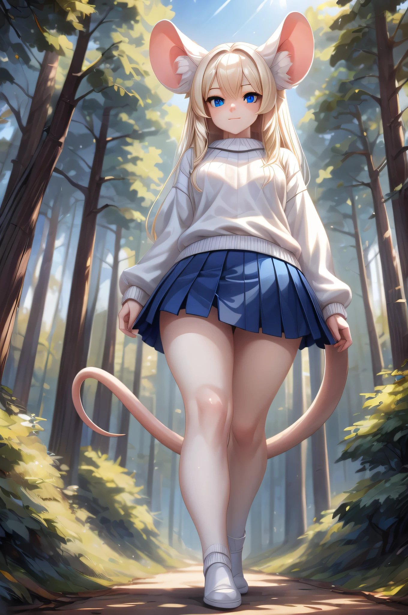 Masterpiece) (High Detail) (High Res) A humanoid girl giantess with pale skin and long blonde hair and blue eyes and fluffy mouse ears and a thin mouse tail is walking through some short trees and is taller than the trees. She is wearing a white sweater and skirt and is looming over the viewer.