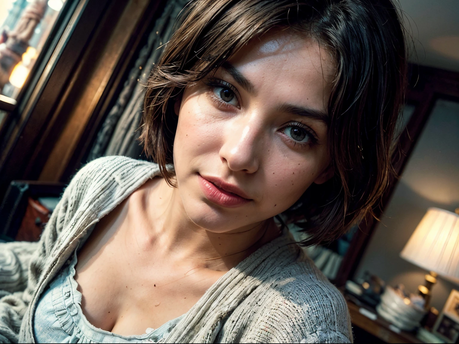 gorgeous photo of bashful woman standing in a bright colorful lingerie boutique, ((she is dressed in boring, shabby neutral outfit, dull and drab)), (high end interior:0.6), the gift ((the boutique is filled with variety of lingerie:1.1)) a feeling of euphoria on her face, she looks overwhelmed, ((mystical:1.4)) , we can see incredible hazel eyes looking at us, welcoming, loving, ,((her tidy dark auburn short hair:0.8)), we capture every detail with the highest quality Leica camera we own, it captures every detail and deepens the shadows,, colorful, lovely women,American, a relaxed moment, realistic photo, (54% of photo is black in drawing:1.4), (detailed fabrics:1.2), (soft warm shop light:1.7), (spotlight on camisoles:1.1) ,(relaxed intimate photoshoot), cozy relaxed, catching us, beautiful hands, gorgeous soft warm lighting:1.4, ((high contrast)), (deep, darkest shadows), (shadow details:1.3), ((taken using Leica camera, aperture: f/2)) , hyper-realistic skin, pores, scar, mole, relaxed moment, natural light glow, (romantic light:1.2), radiant dark skin, perfect relaxed hands, perfect fingers, a work of art, beautiful composition, golden ratio, contrast, inspiring, (highest quality fabric texture), every detail,Fine facial features – (Highest Quality) ,Leica camera film, High quality ○○ detailed – ○○ details ultra detailed(Ultra-fine ), Photorealistic