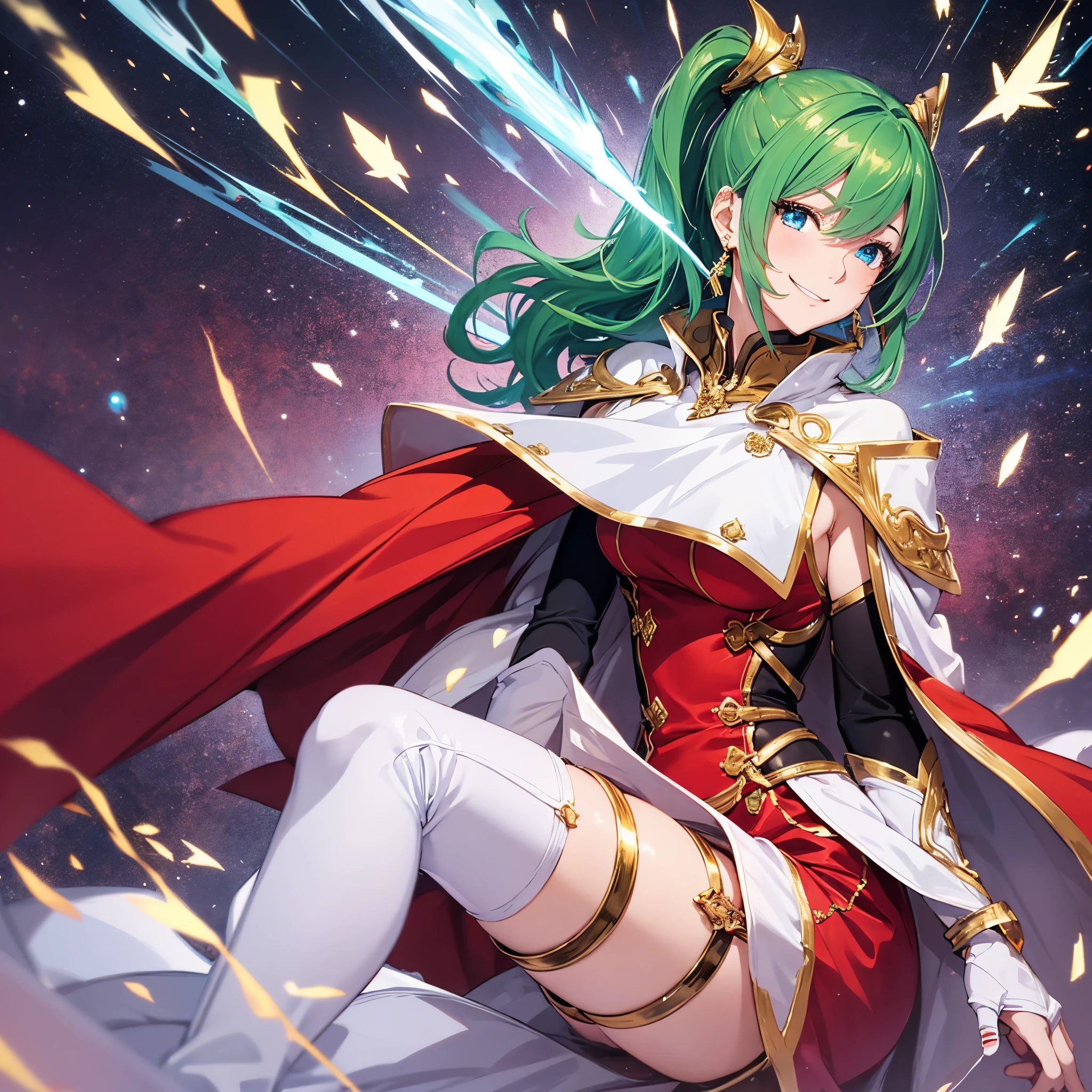 estilo anime, personagem feminina, (((roupas vermelhas))), cabelos verdes, rabo de cavalo lateral, gold triangle earrings, olhos azuis, sorriso bonito, Capa branca cobrindo o busto, Botas compridas brancas, circunstanciado, 8k, alta qualidade, efeitos emocionais, estilo anime --auto --s2
