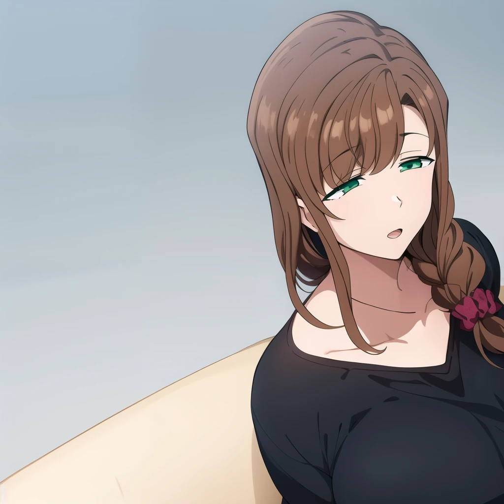 hd masterpiece, best quality, 1girl, solo, long hair, ((black shirt)), opoened mouth, brown hair, braid , emotionless,  ears,green eyes, opened mouth, braid, ((sofa)),, scrunchie