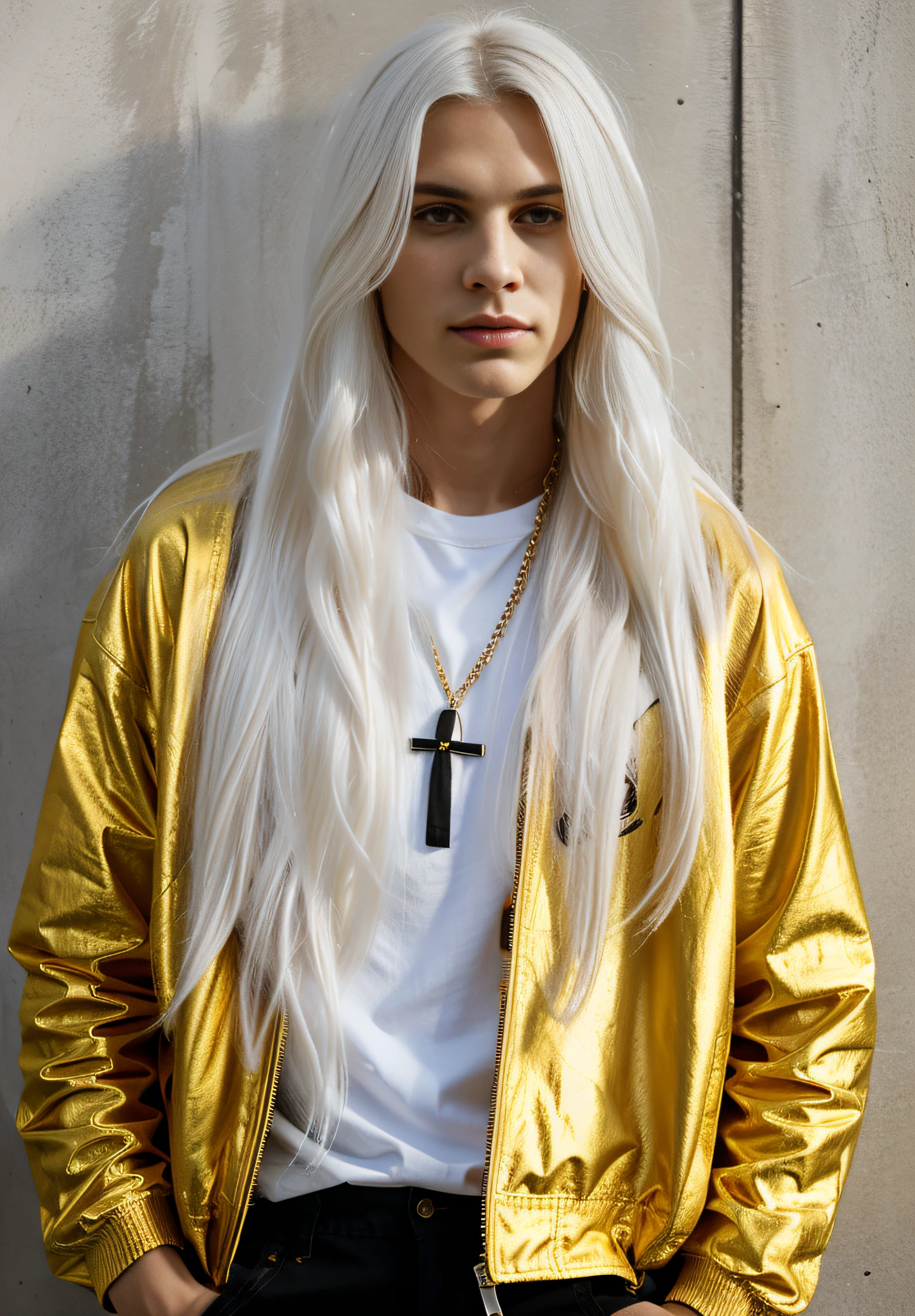 long white hair, golden jacket, hyper realistic.