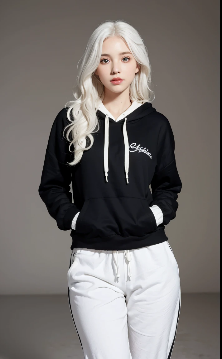 (Masterpiece, Photorealistic, High Resolution), ((1girl):1.2), ((white wavy hair):1.3), Heterochromia, (black open hoodie, black gym pant), ((medium breast):1.2, small waist, large thighs),alpha background