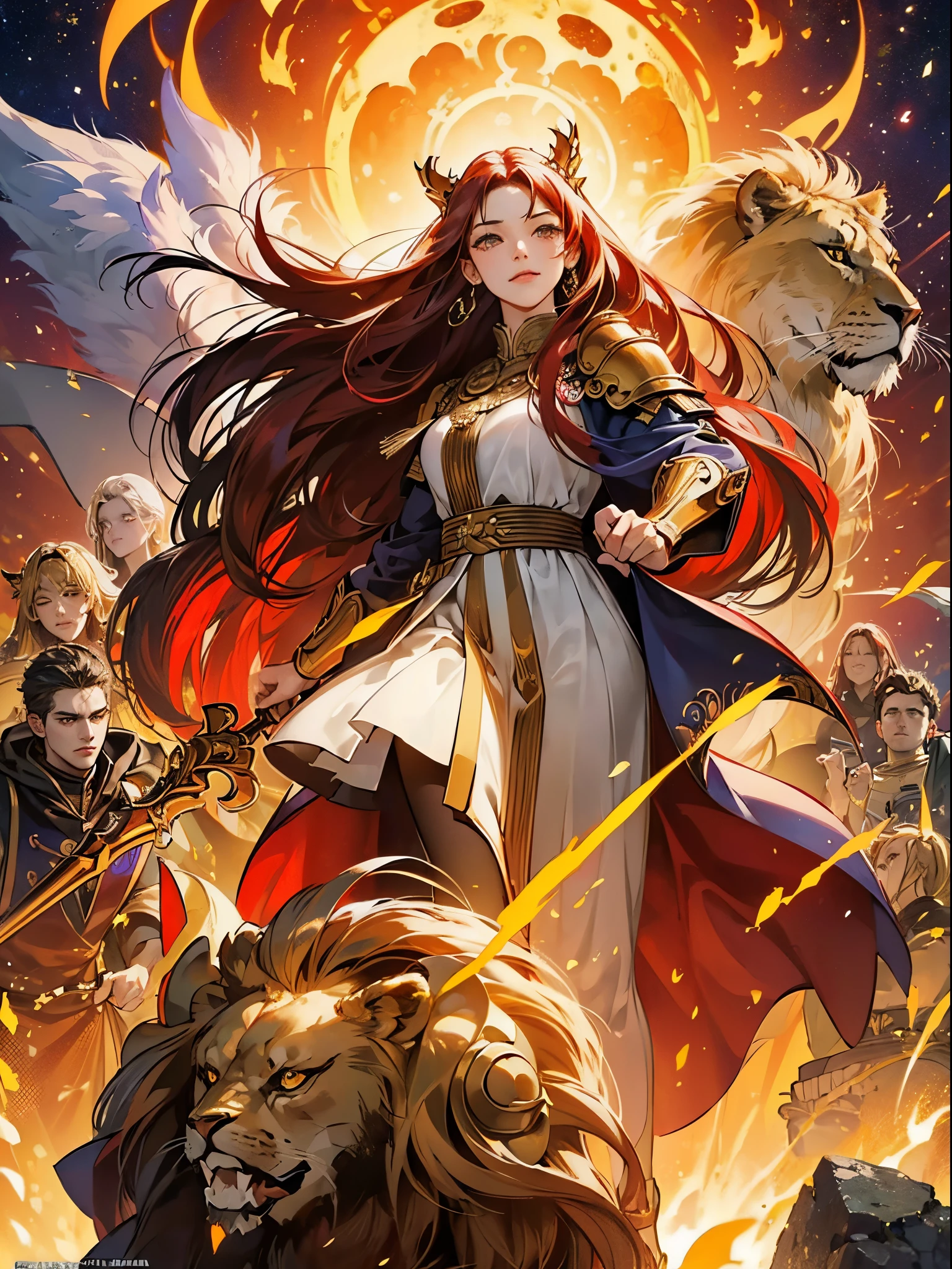 ((masterpiece)))、(((top-quality)))、((ultra-detailliert))、(A hyper-realistic)、(highly detailed CGillustration)、Official art、lion motif、Gold and red tones、Fantasia、Ancient mythology、Ancient Babylonia、twilight battlefield、Mystical、solemnity、An majestic、Best Quality, master piece、Ishtar, Goddess of War、guardian of lon、Increase your fighting spirit、Invincible Great General、Brave、Awe-inspiring Hall々、glorias、honor of babyVeteran Hero、Slender eyes、matchless beauty、Rin々Right、Guardians of Lions、refinement、noble、Proud、Wearing noble jewelry、Equip your weapons、The appearance is luxurious and golden armor、Cloak in the wind、Tall and lean、fiery red long hair、Pa