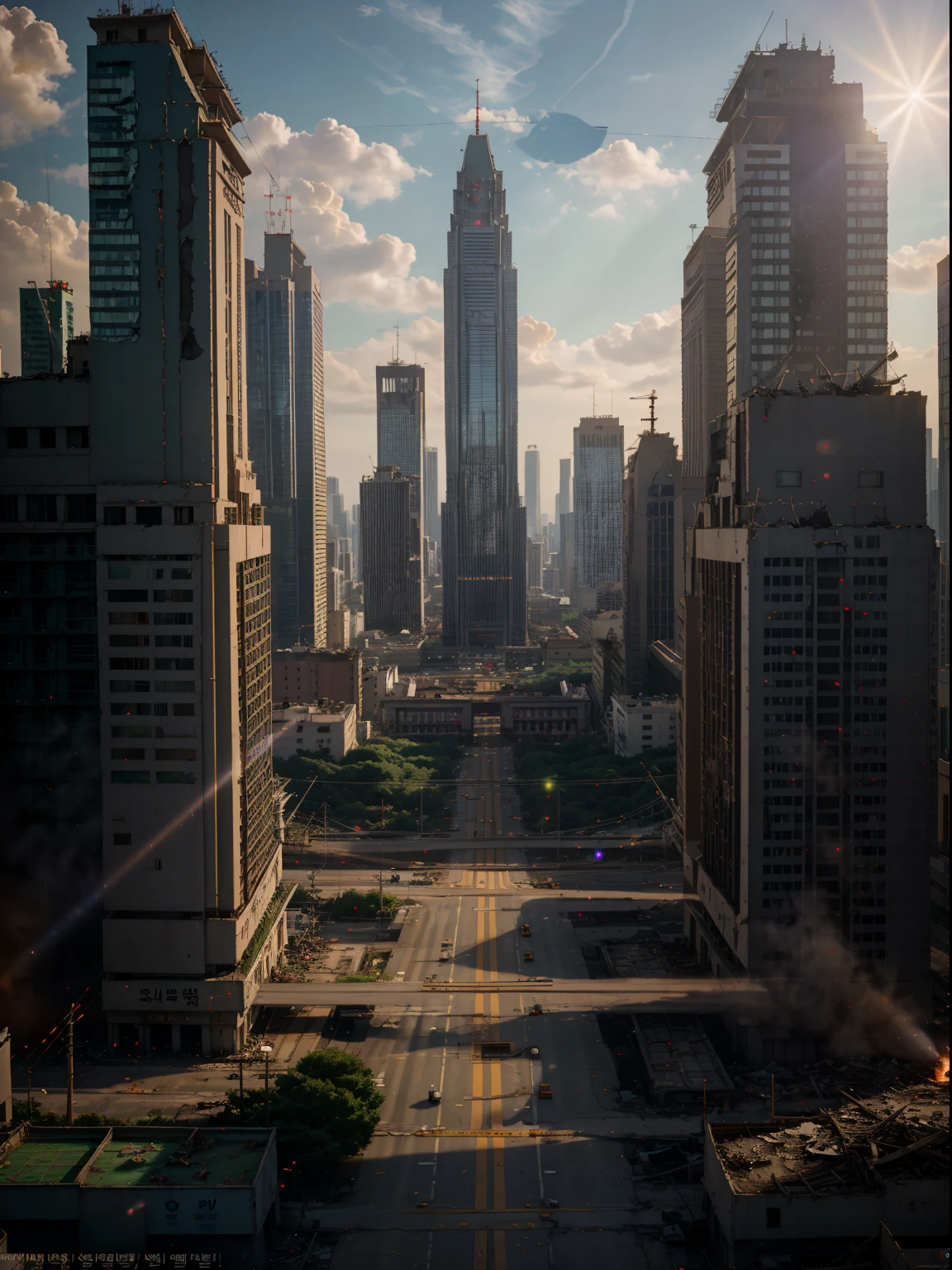 masterpiece, best quality, high quality, extremely detailed CG Unity 8k wallpaper, cinematic lighting, Seoul in ruins due to world war in 2060, destroyed buildings, South Korea, nuclear launch, sci-fi, anamorphic lens flare, shallow depth of field