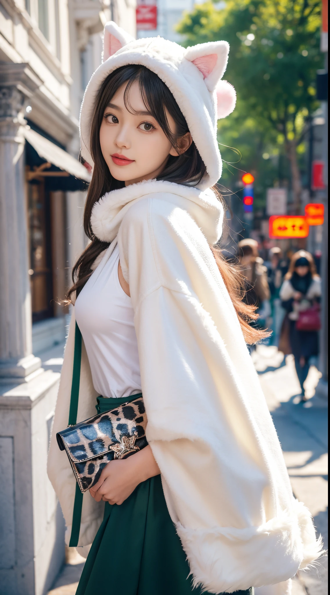 1个Giant Breast Girl, animal costume, Animal ear, Animal bandana, Animal print, By bangs, Be red in the face, nedium breasts, Keep your mouth shut, Eyebrows visible through hair, fur-trimmed shawl, fur-trimmed hood, raw edge sleeves, fur-trim, green-eyed, hooding, Cover up, horn, long whitr hair, longer sleeves, looking at viewert, Mimi persimmon, Pom Pom \(The clothes ar\), Platinum Noel, silber hair, ssmile, Alone, Virtual YouTuber