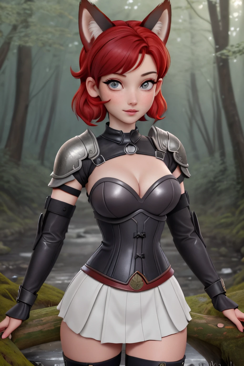 close up 1girl in, ager, Solo, (undercut red hair: 1.28), ((light gray eyes)), some small freckles, (dark fox ears:1.35), pale skin, medium breasts, cleavage, (thin hips, thin waist: 1.25), (arched back:1.12), detailed skin, mischievous face, revealing clothes, (wearing Xena roman armor, leather skirt, corset armored: 1.1), looking at viewer, (groping chest: 1.34), (sexy pose: 1.22), (detailed magical forest background:1.1), creek, overlooking opening in forest, relaxing, 4k textures, soft light, elegant, highly detailed, sharp focus, soothing tones, insane details, intricate details, hyperdetailed, low contrast, exposure blend, hdr, faded