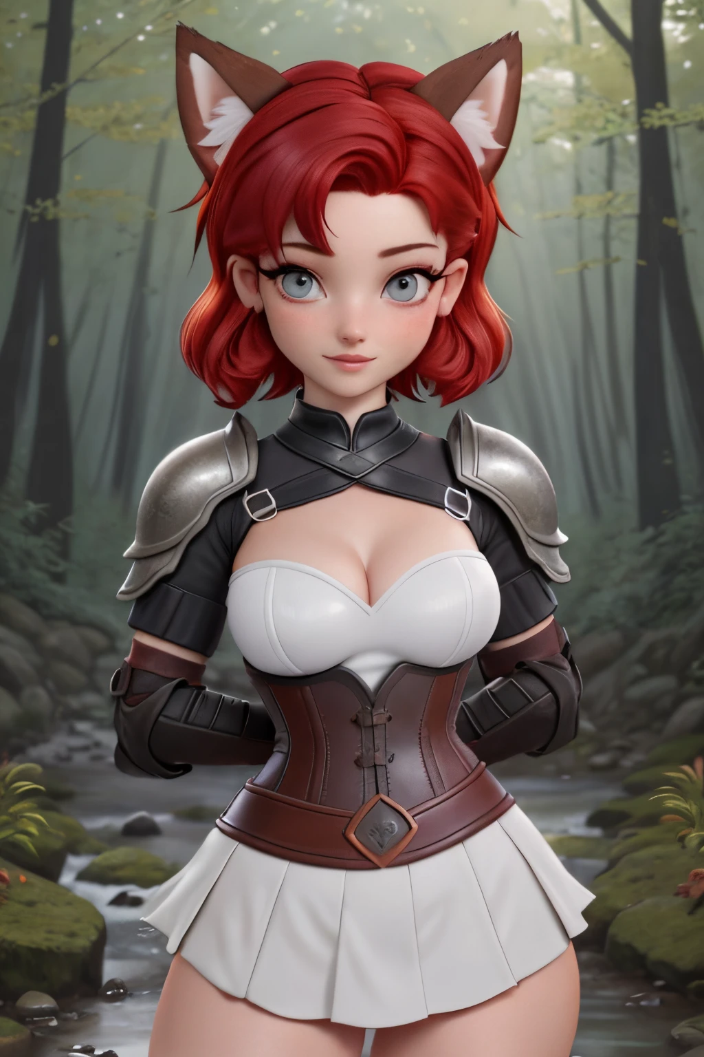 close up 1girl in, teenager, Solo, (undercut red hair: 1.28), ((light gray eyes)), some small freckles, (dark fox ears:1.35), pale skin, medium breasts, cleavage, (thin hips, thin waist: 1.25), (arched back:1.12), detailed skin, mischievous face, revealing clothes, (wearing Xena roman armor, leather skirt, corset armored: 1.1), looking at viewer, (groping chest: 1.34), (sexy pose: 1.22), (detailed magical forest background:1.1), creek, overlooking opening in forest, relaxing, 4k textures, soft light, elegant, highly detailed, sharp focus, soothing tones, insane details, intricate details, hyperdetailed, low contrast, exposure blend, hdr, faded