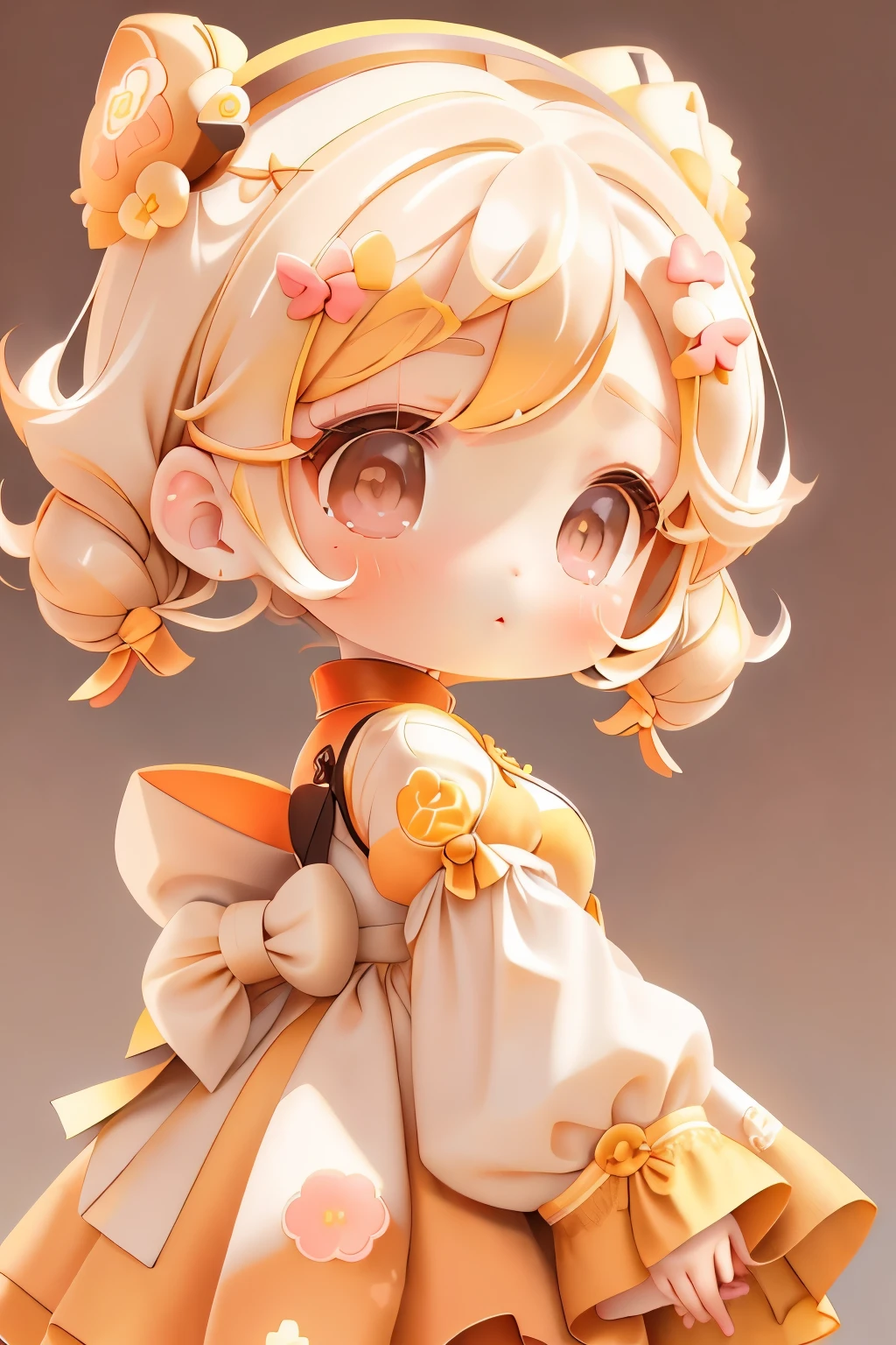 girl with, Chibi、amber, , medium pastel yellow white, luxury fabrics, dithering, Far-reaching,viewer lucky brown,qipao dress、、There are no ears on the head.There are no ears.