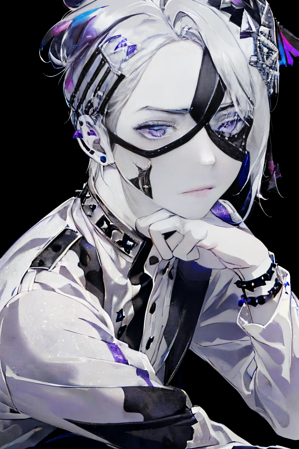 ((A ruined city full of rubble)),(After the war),((Vast landscape full of rubble)),(boy wearing tattered clothes),((Soot-stained hair mixed with silver and black)),(Lifeless eyes),((sit on the ground holding both knees)),((look up at me like you&#39;glare at me again)),(deadpan),((Dark purple eyes)),((Monochrome world)),((black and gray and white and brown)),((close up of face)),((Eyepatch studded with fine jewels)),((Eye patch for left eye))